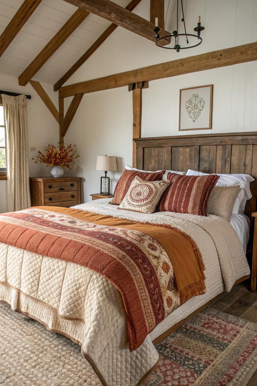 Layered bedding with textured throws offers coziness and comfort.
