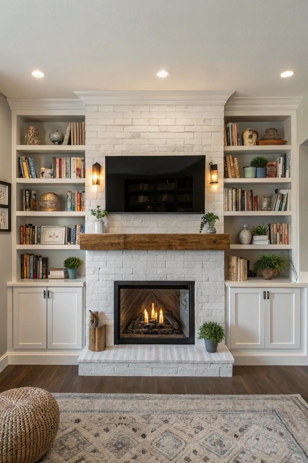 Fitted shelves provide storage solutions and aesthetic appeal in a farmhouse design.