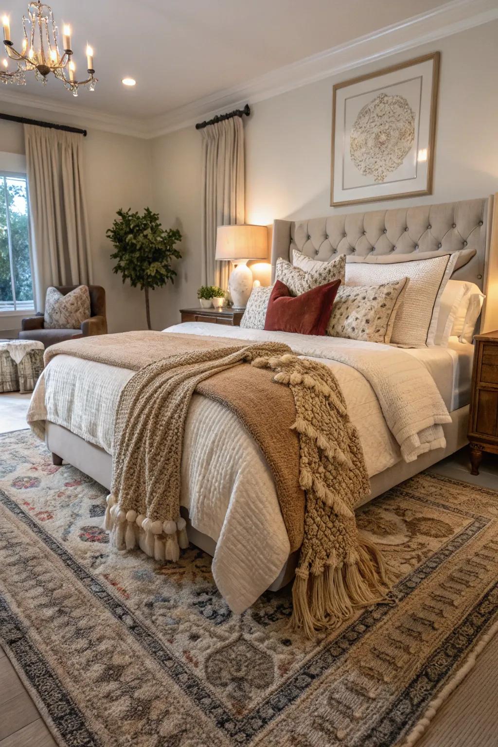 Textural fabrics fashion a cozy and welcoming feel in a farmhouse bedroom.