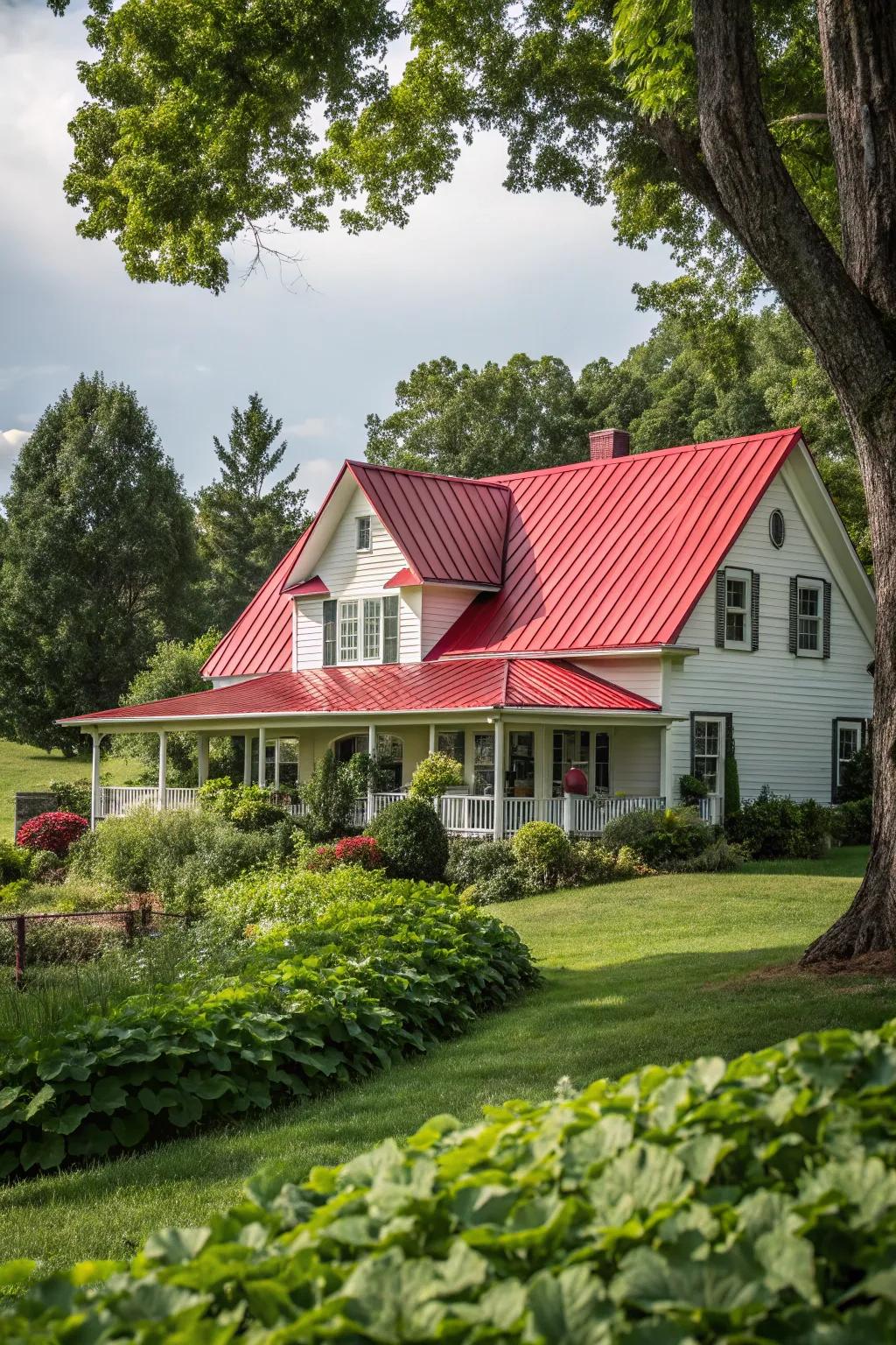 Bold allure: A vibrant crimson roof turns this farmhouse into a landmark.