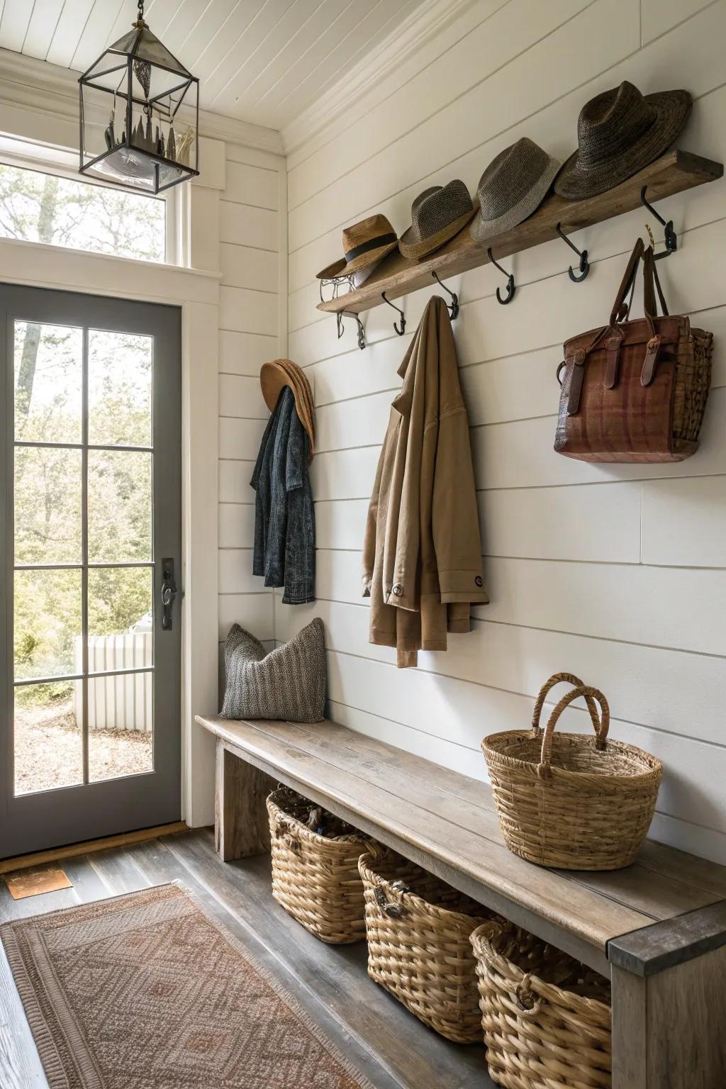 Mudroom showcasing country pegs for useful storage.