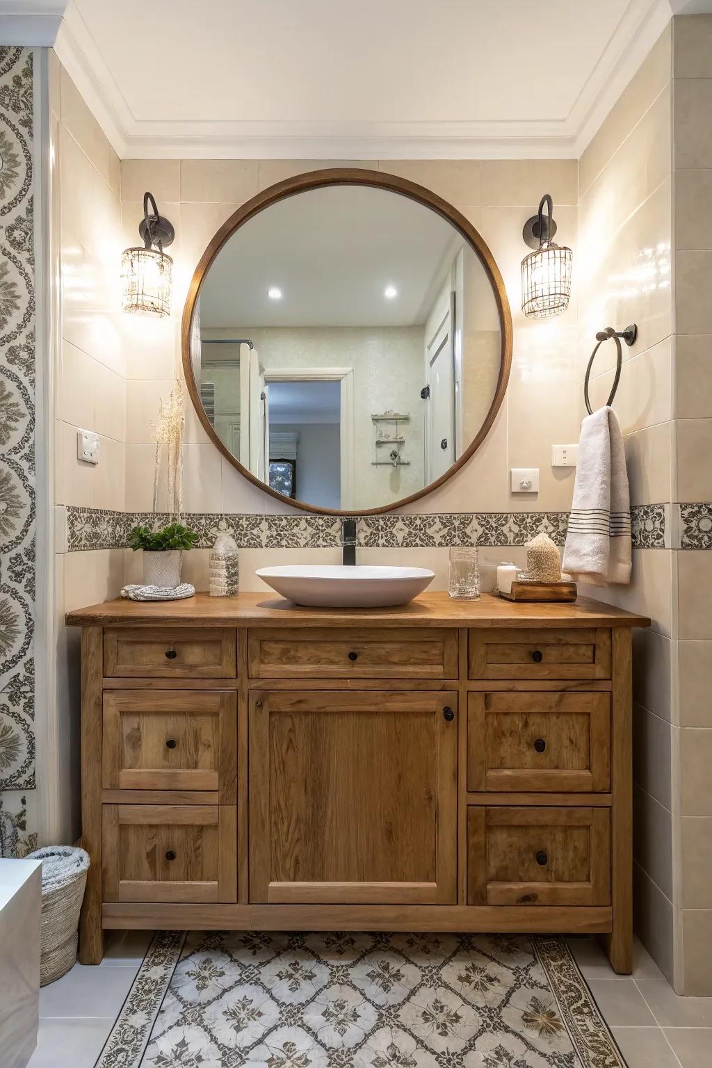 An expansive circular looking glass atop a timber sink base within a washroom.