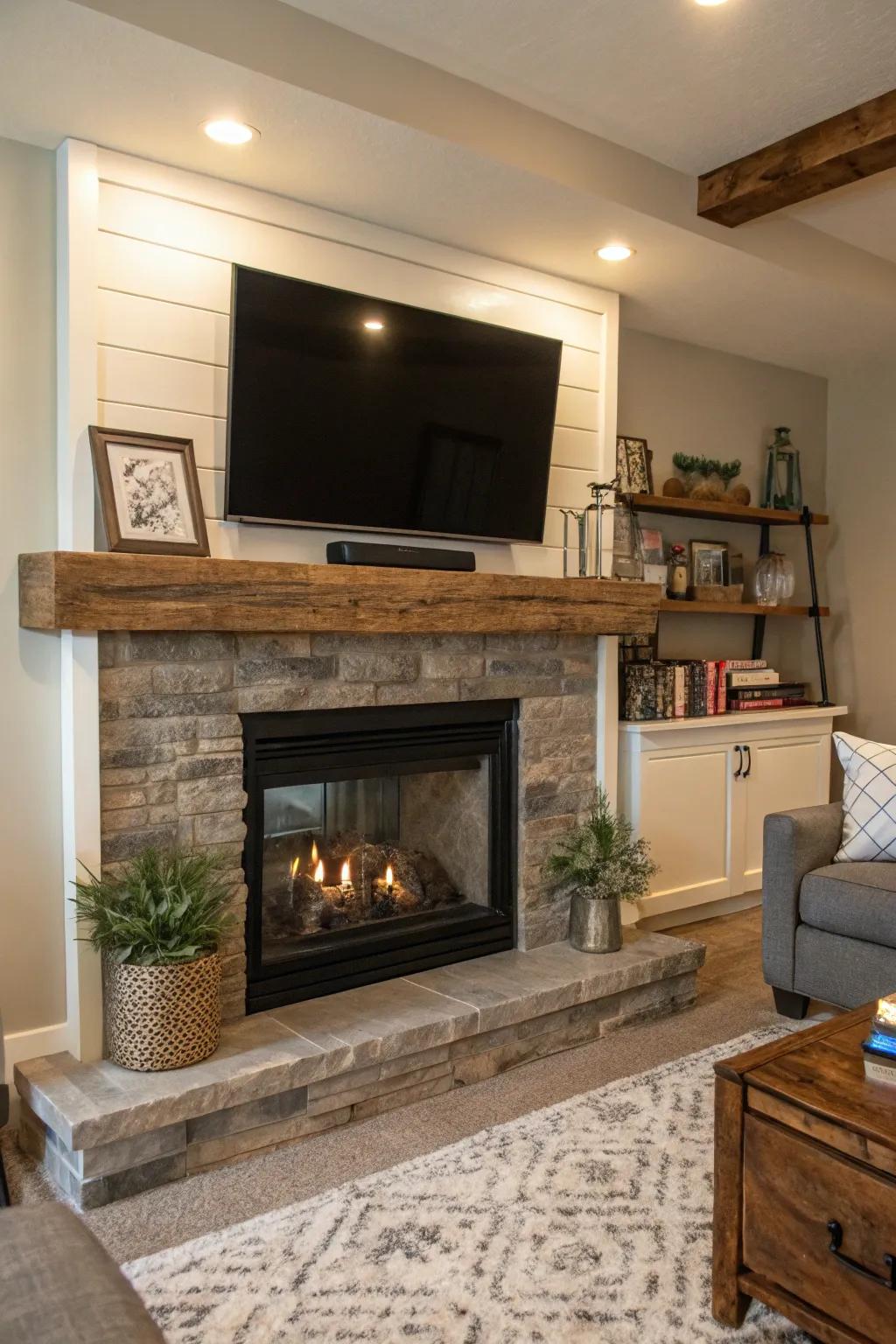 A cozy wooden beam infuses warmth into a modern fireplace and TV setting.