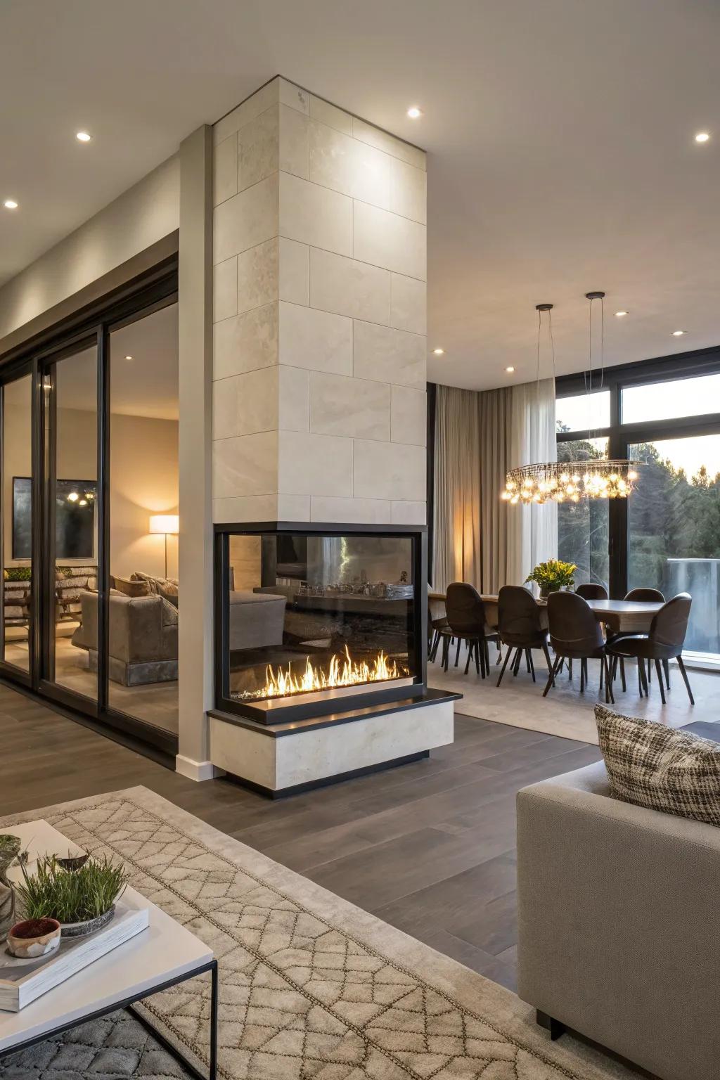 A double-sided fireplace that elegantly connects a living room and dining area.