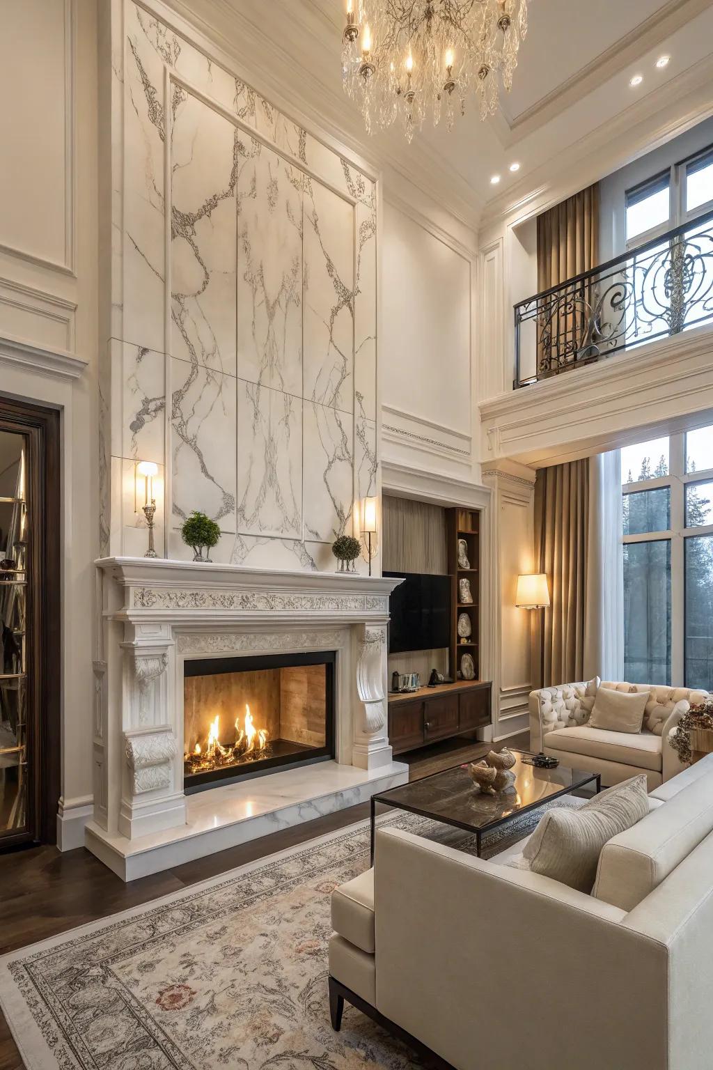 A lavish fireplace featuring marble tiling.