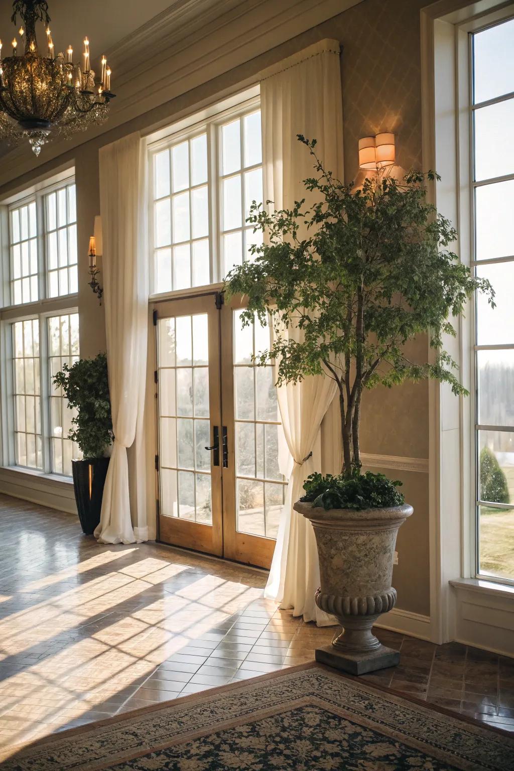 Sunlight cascades through expansive windows, illuminating this contemporary entrance hall.