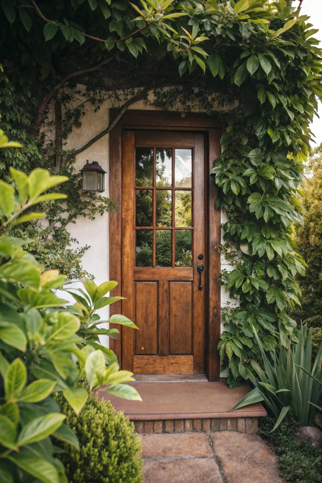 Alluring wood tones create an inviting entrance.