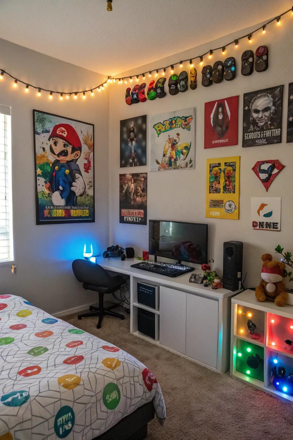 A sleeping area featuring game-inspired wall canvases and embellishments.