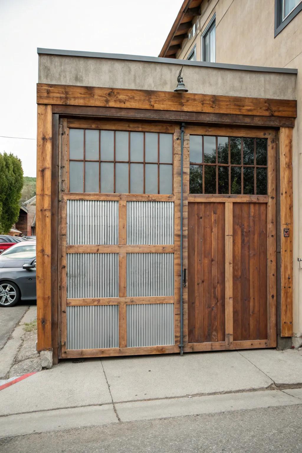 A fusion of wood and metal crafts a textured and inviting garage door.