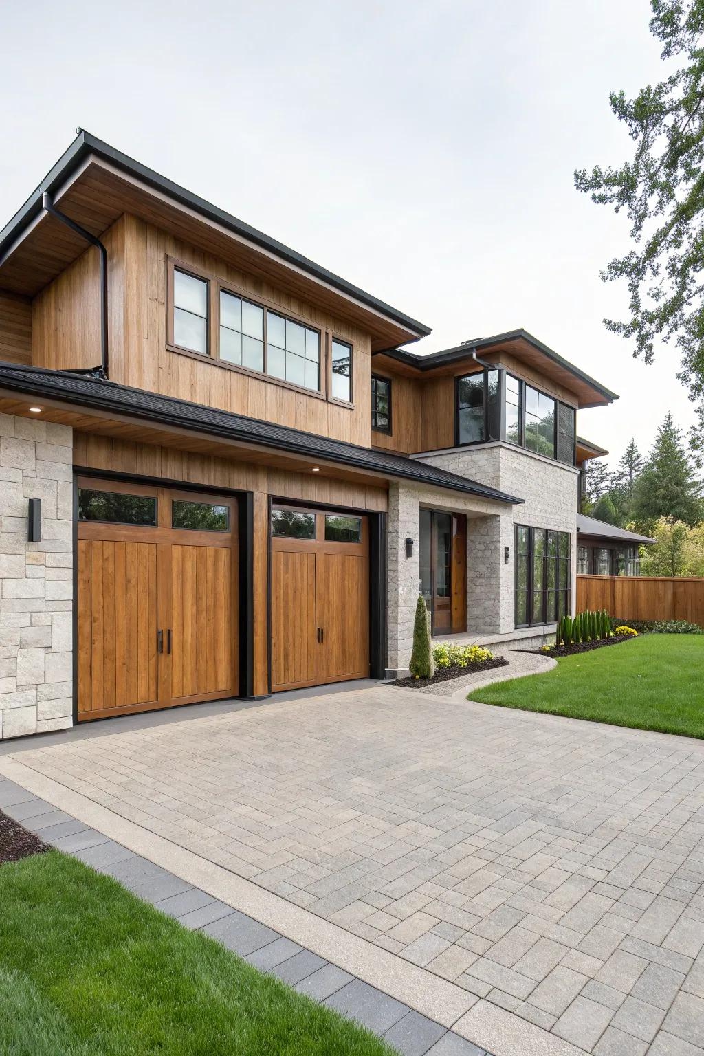 Warm timber tones on both portals create a facade inspired by nature.