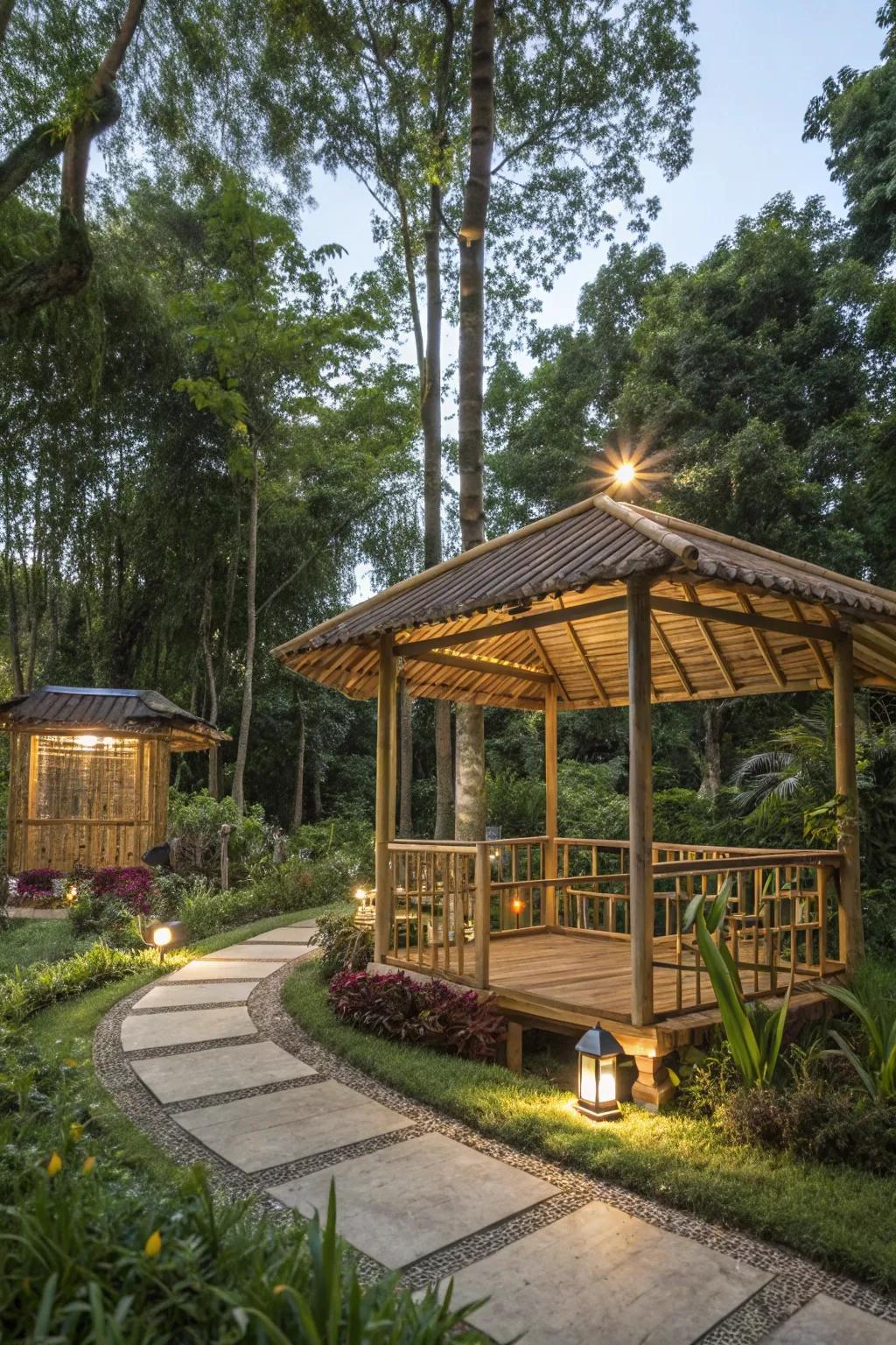 A sustainable and peaceful outdoor area is offered by an eco-friendly bamboo gazebo.