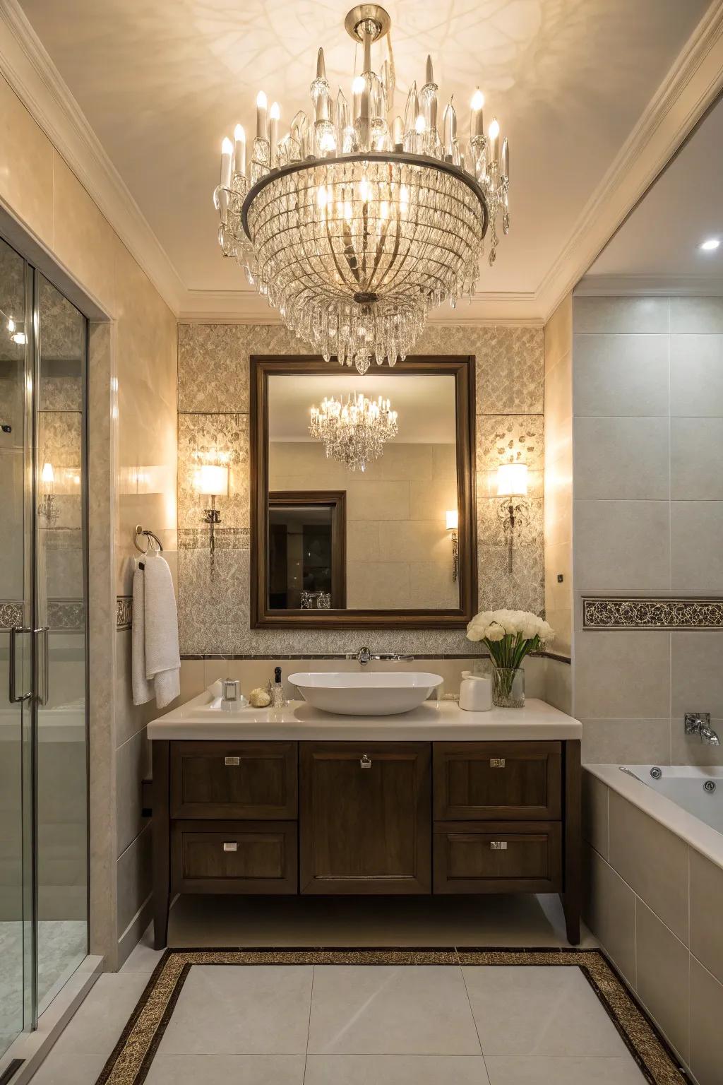 A bathroom displaying a captivating chandelier and sophisticated mountable lamps.
