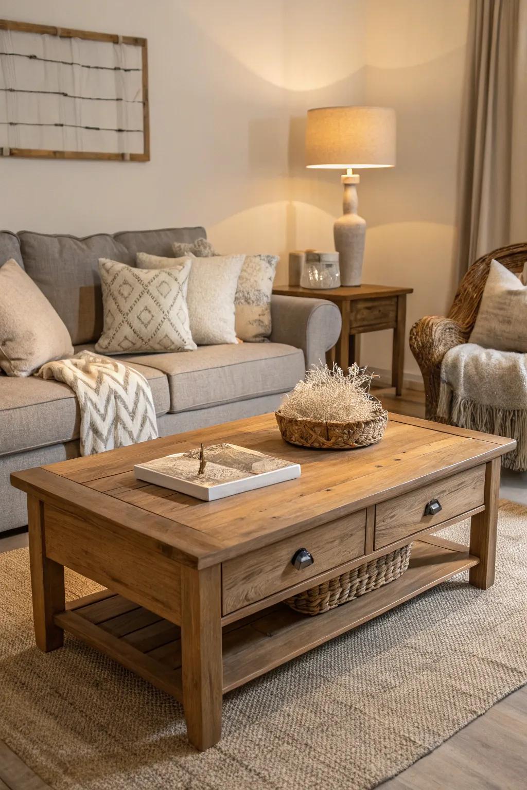 Organic wood details impart coziness to the neutral color scheme.