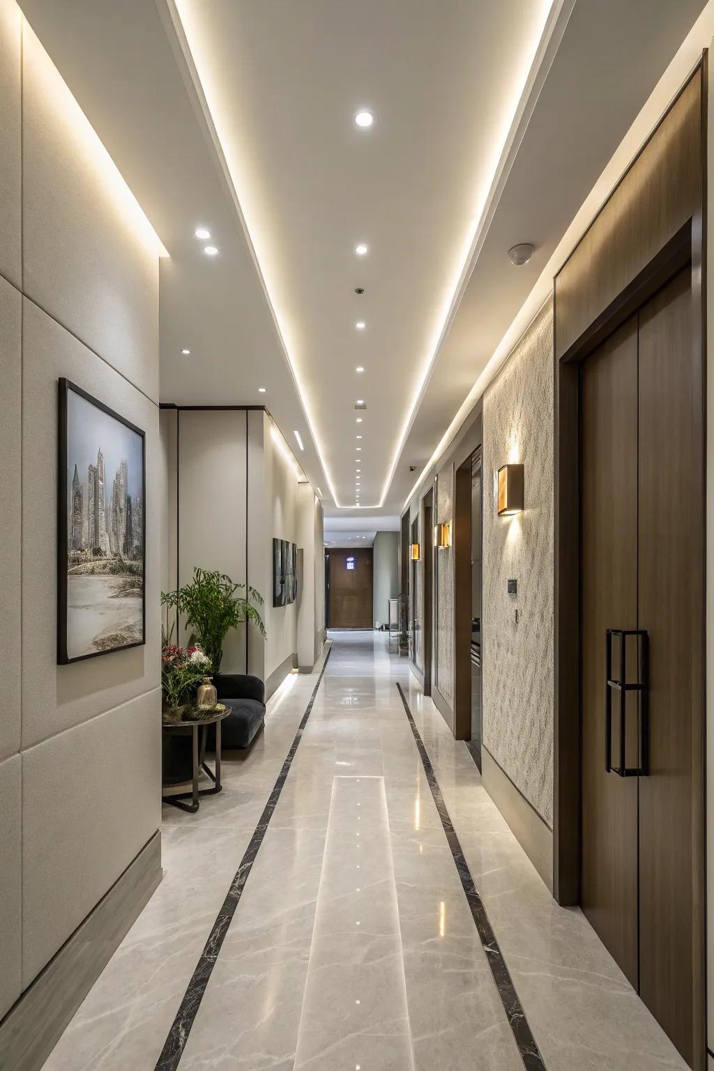 Integrated lighting ensures your hallway design stays neat and fluid.