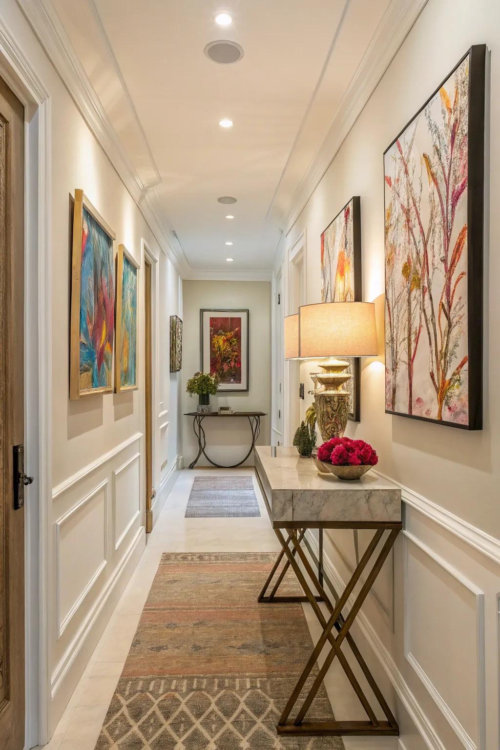 Artwork brings vibrancy and individual flair to a hallway.