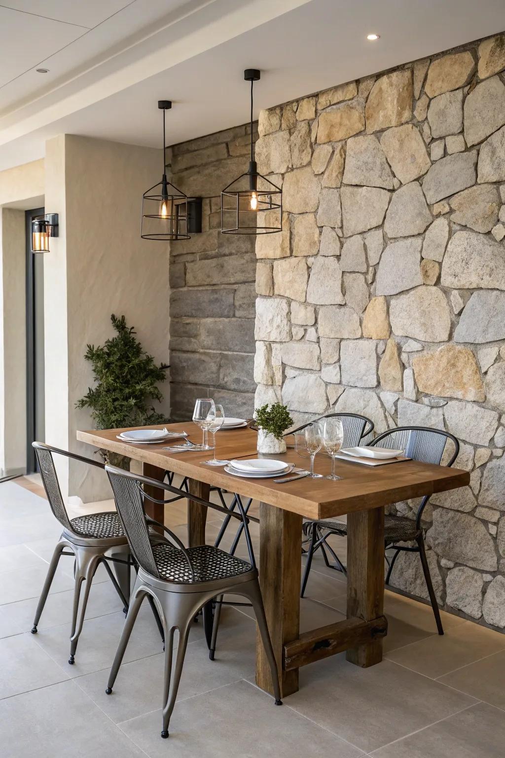 A dining area where the mix of materials adds distinctive character.