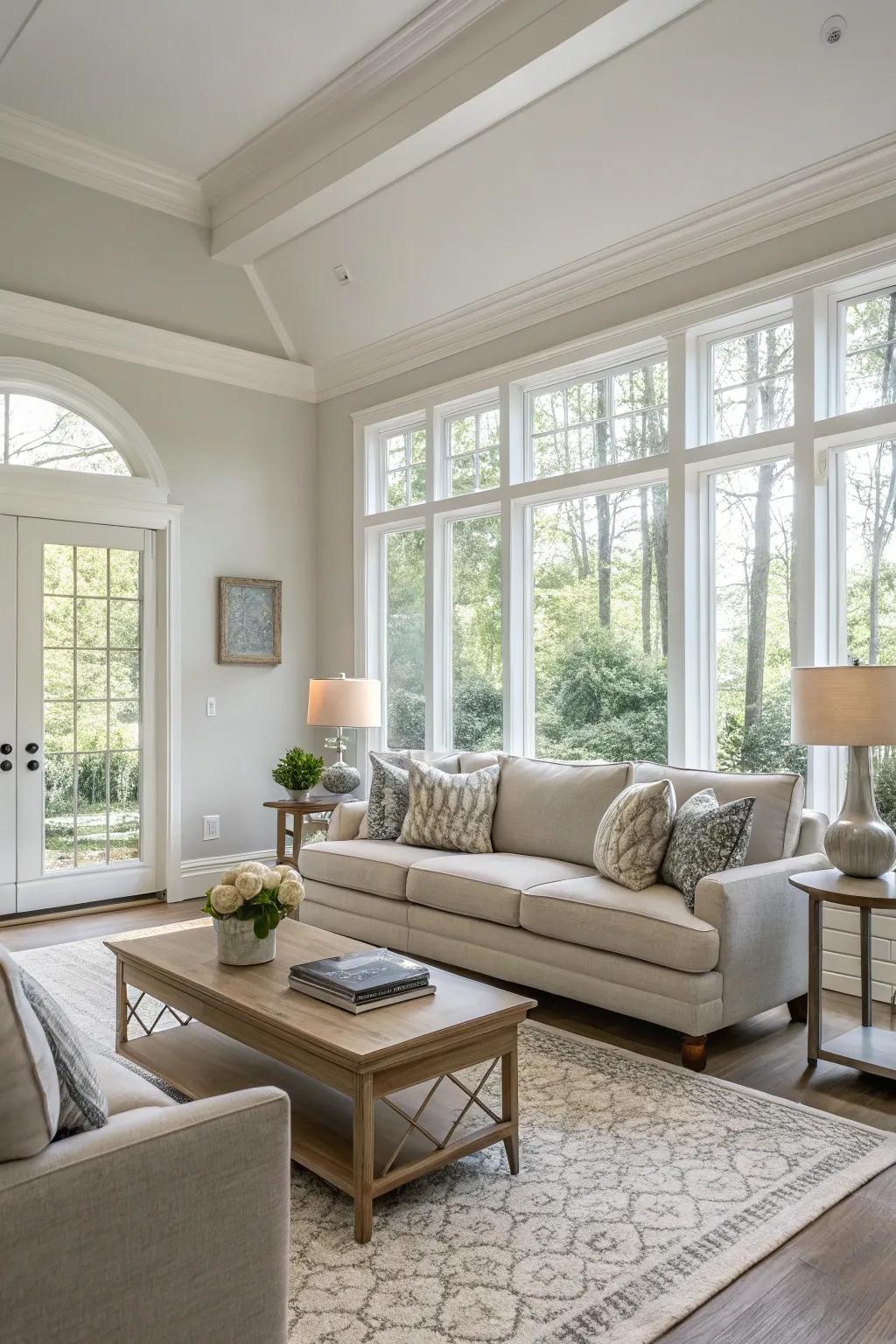 A contemporary living area featuring a subdued color palette.