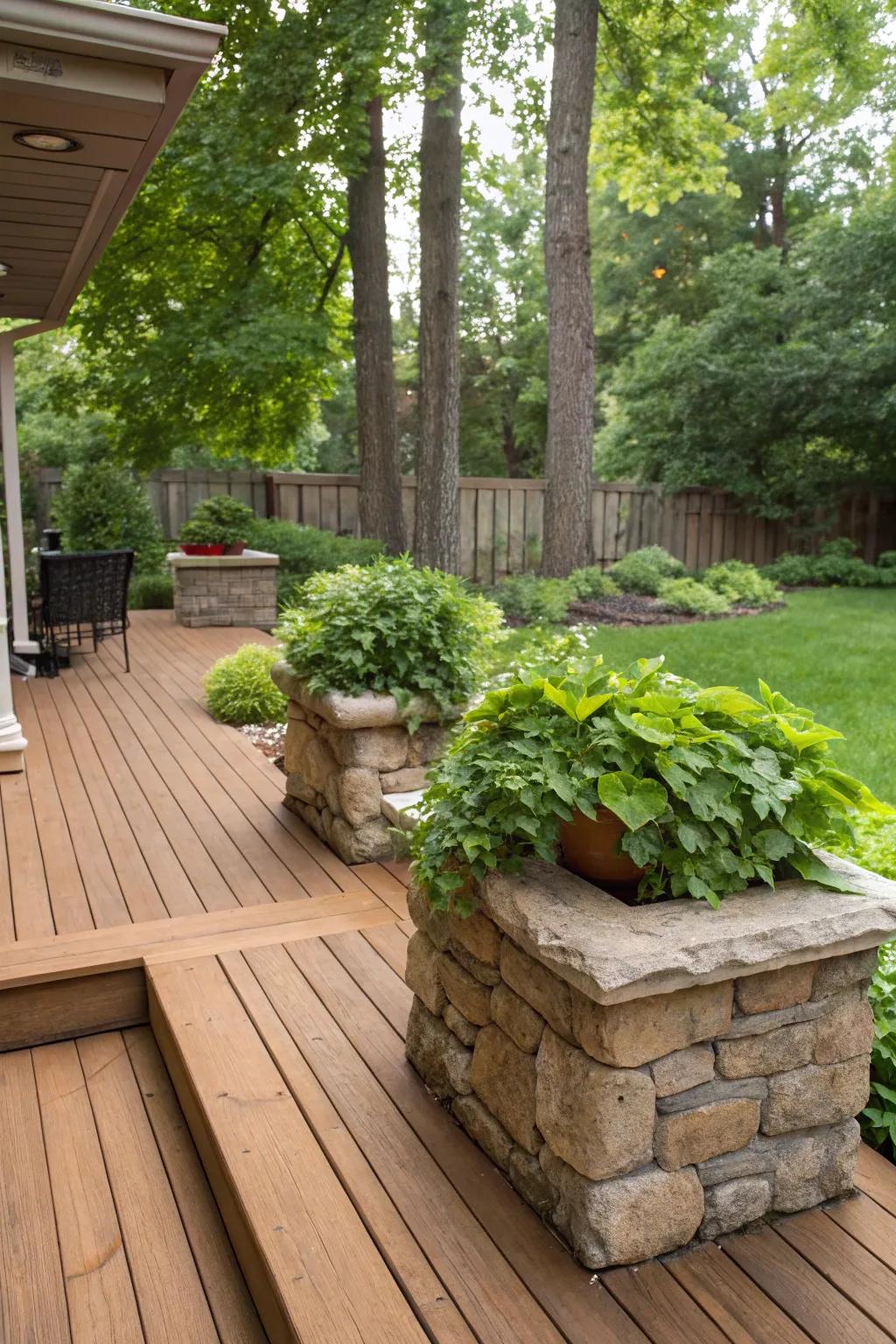 The collaboration of wood and stone fosters a serene natural balance in today's landscapes.