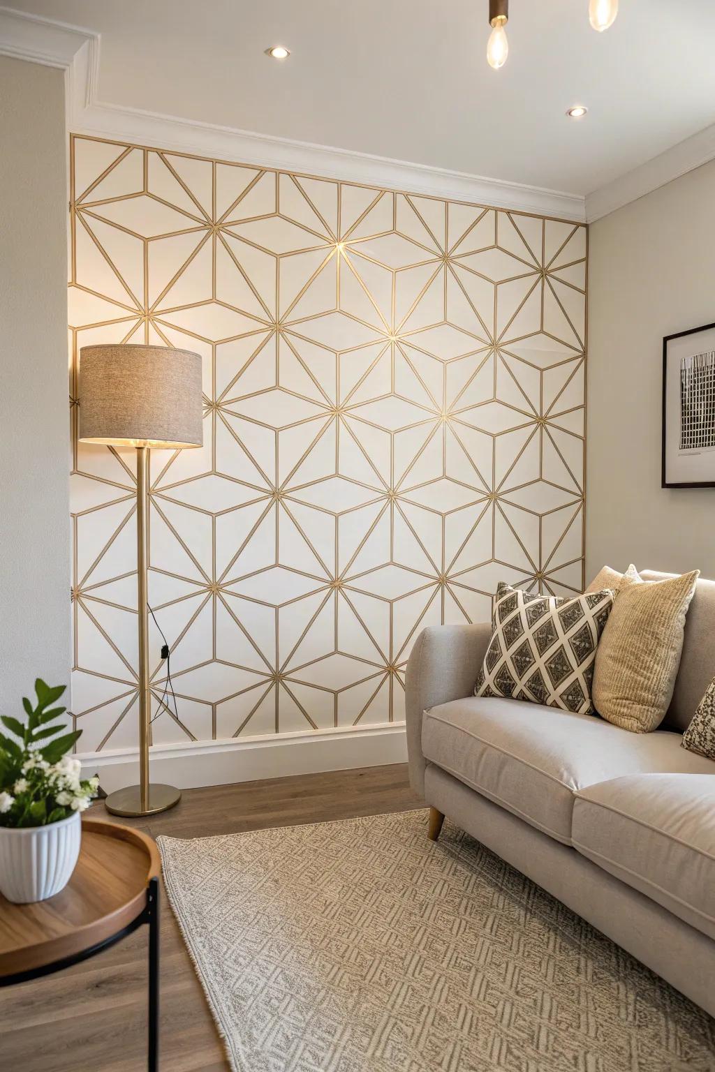 Geometric patterns on the wall add a modern touch to the minimalist family room.