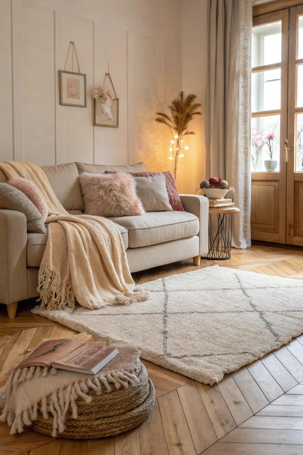 Cozy textures complement the warmth of light wood floors.