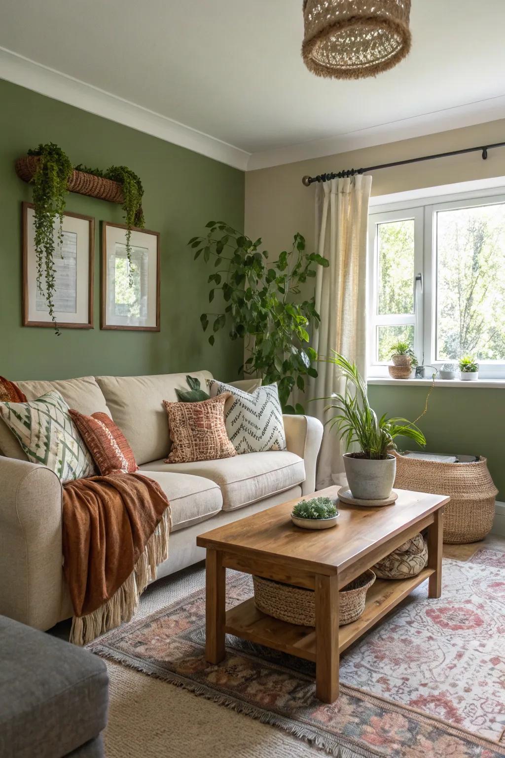 Natural green walls combine nature with contemporary design in this inviting living area.