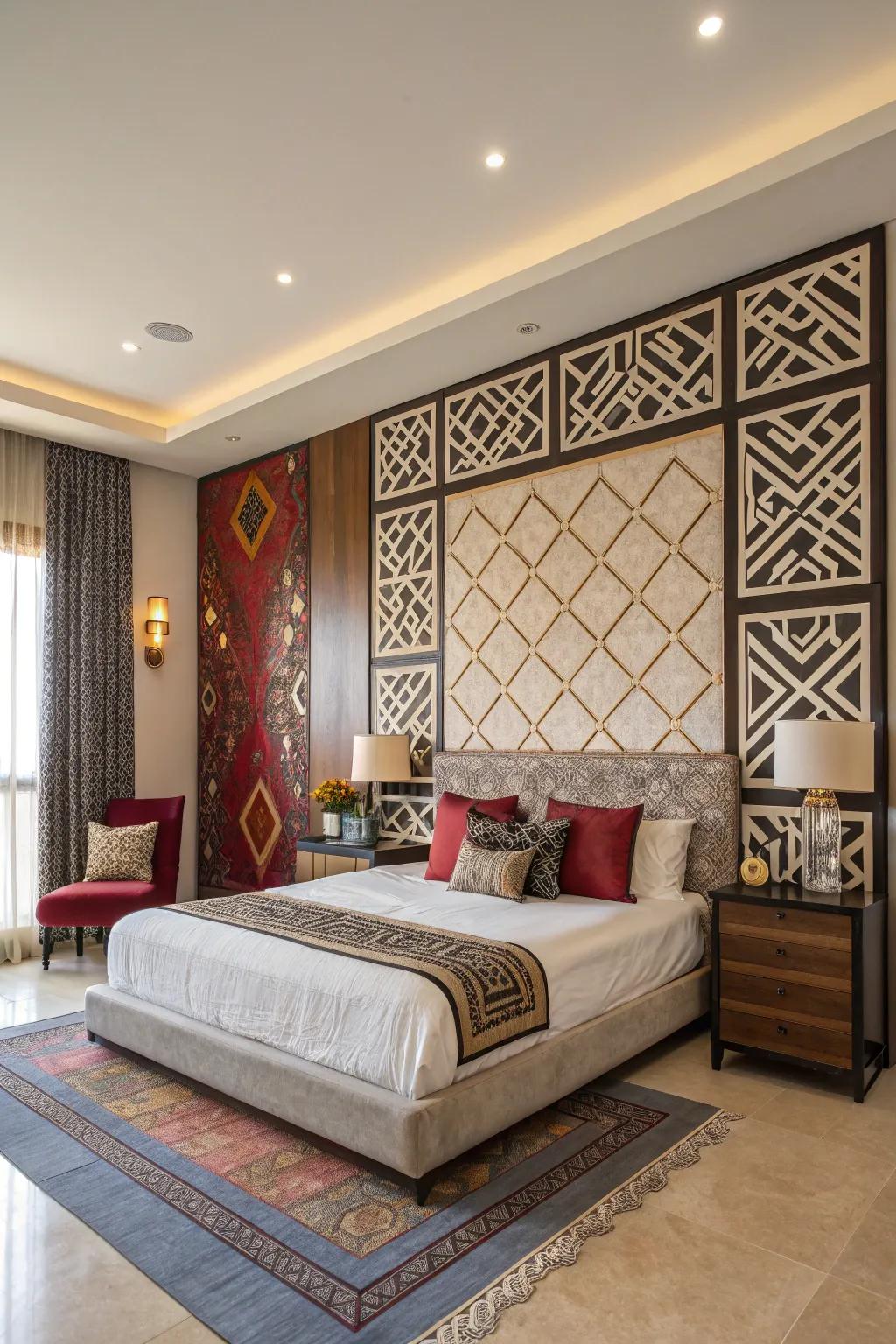 A striking feature wall infuses character into this contemporary bedroom.