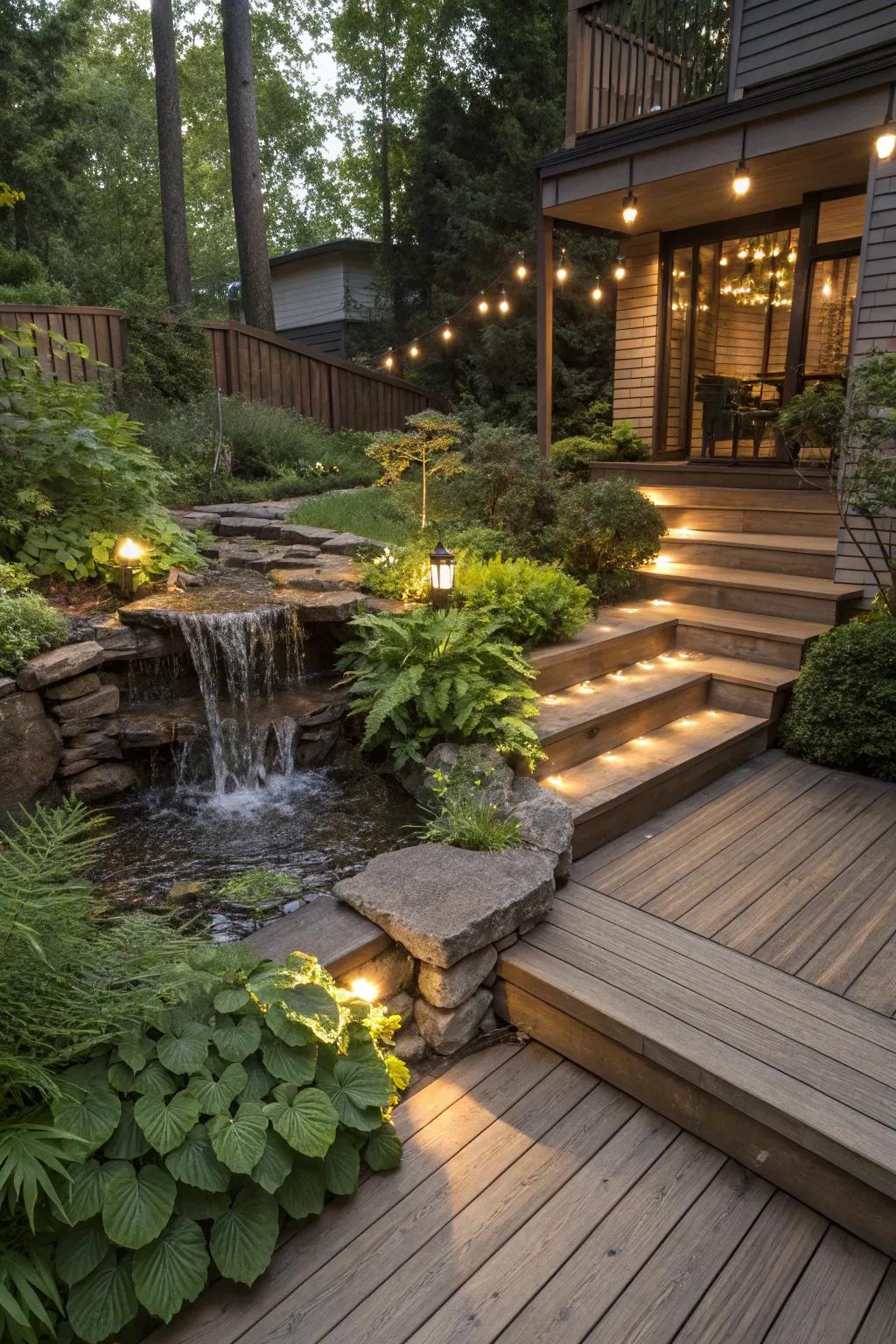 A peaceful deck improved by an elegant water feature.