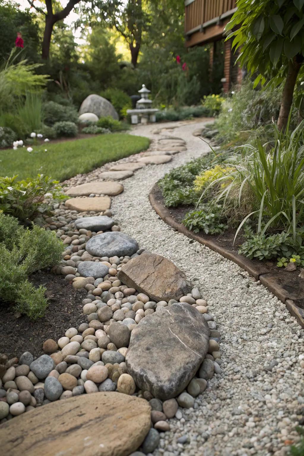 A garden path that experiments with contrasting textures by using sleek stones and harsh gravel.