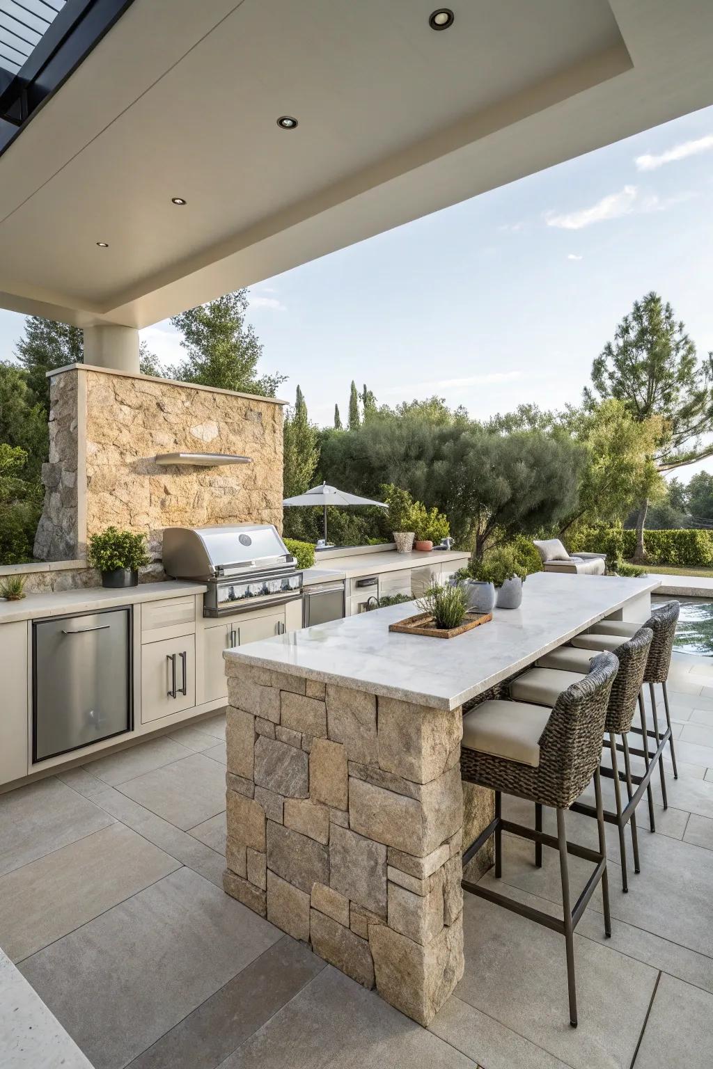 Genuine rock aspects introducing an earthy vibe to a modern cooking area design.