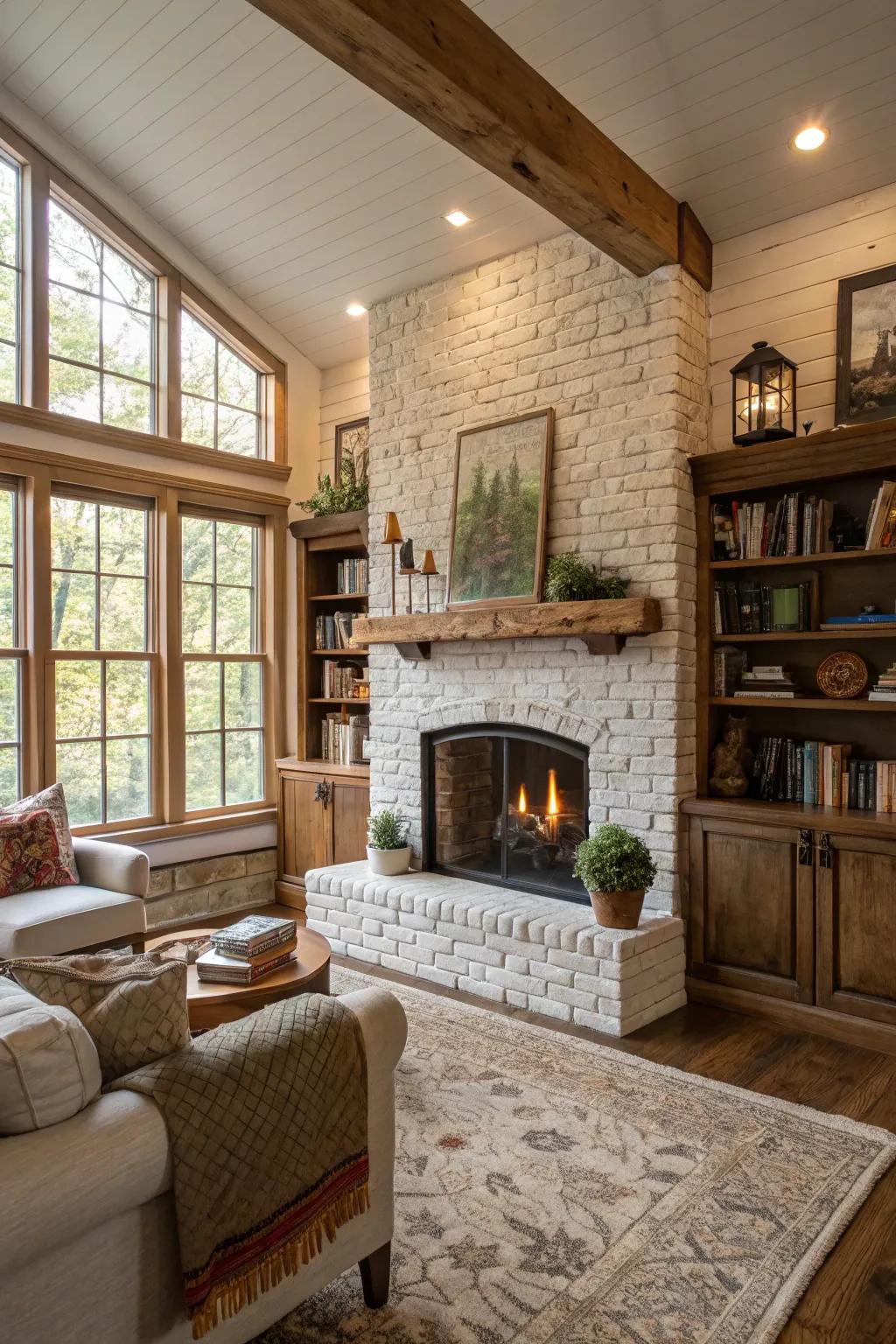 Chalked brick fireplace illuminates the area.