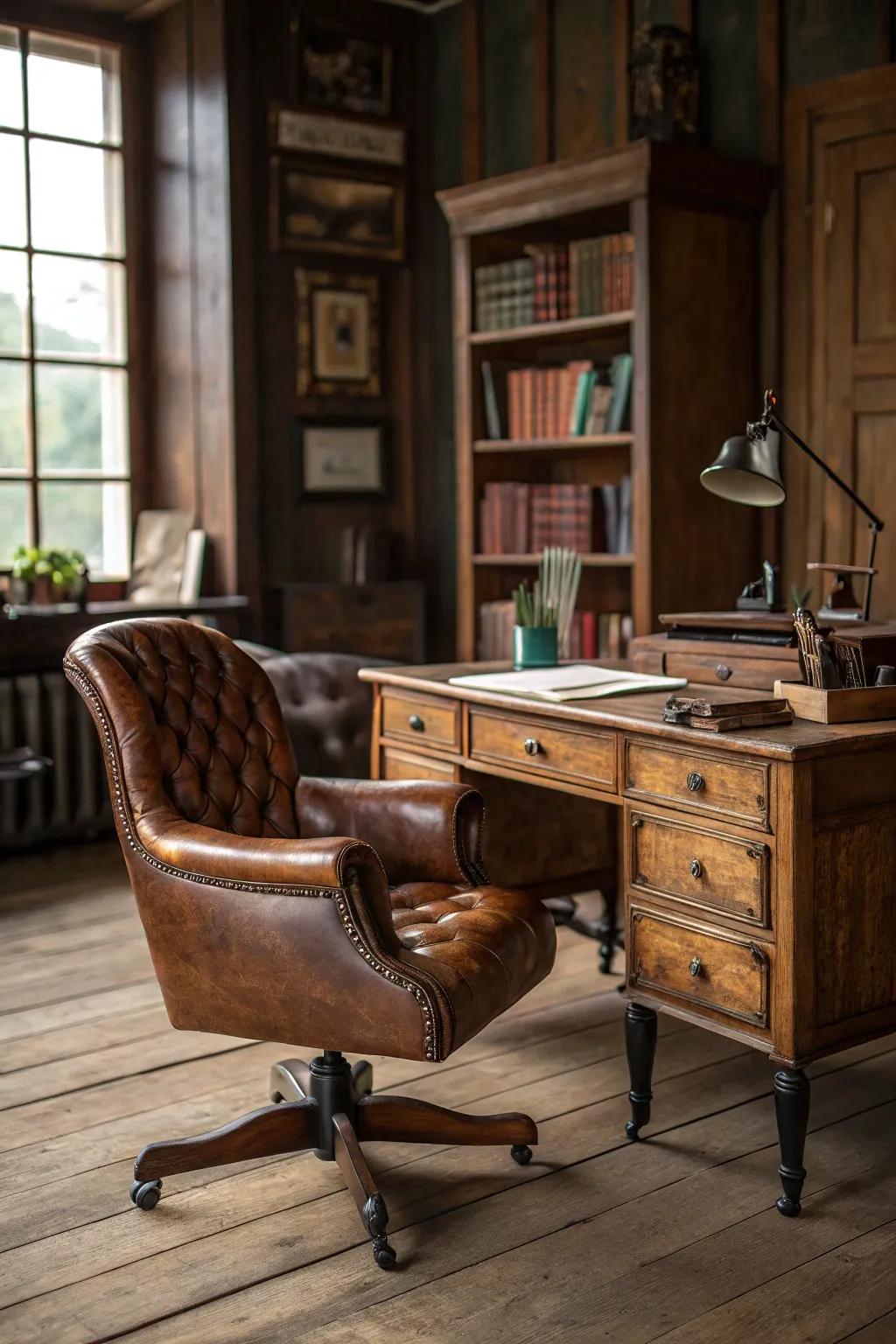 Leather furnishings introduce a hint of sophistication and relaxation to a rustic office.