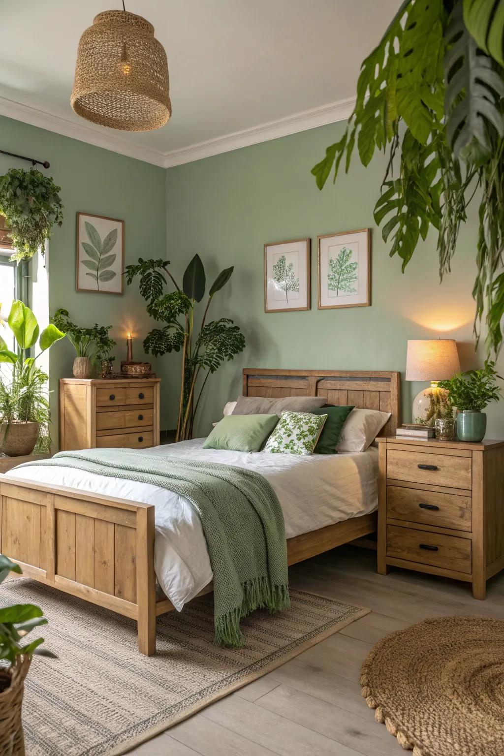 Sage green and untreated timber together create a balanced and welcoming space.