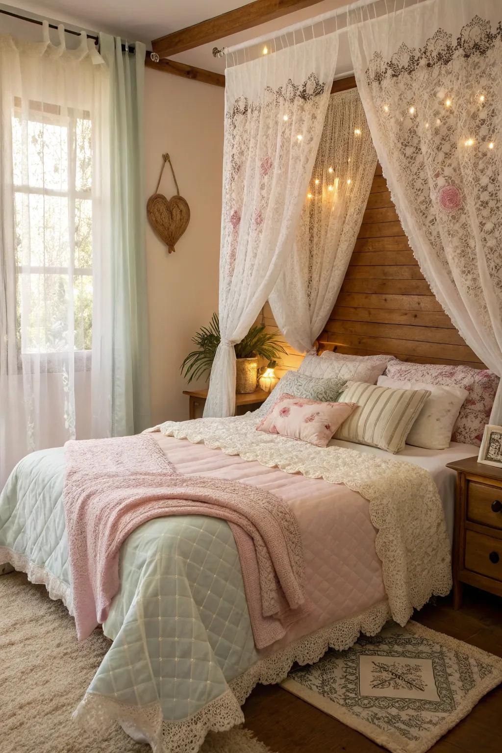 Soft textiles create a cozy and welcoming atmosphere in a modern-vintage bedroom.