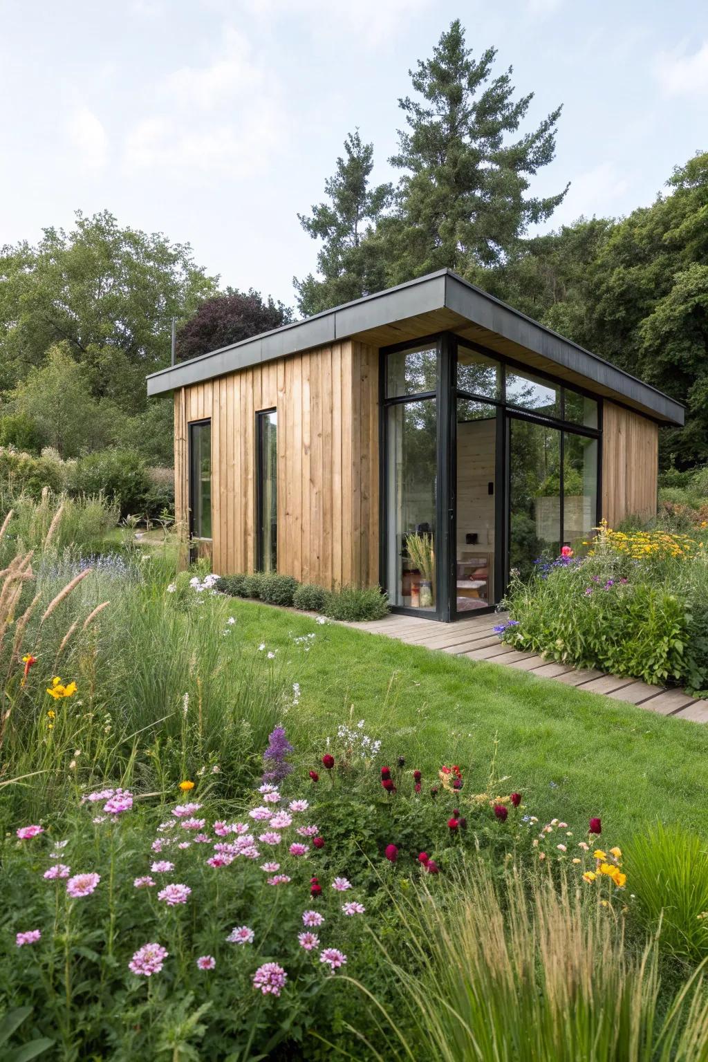 A nature-integrated shed design that merges flawlessly with its landscape.