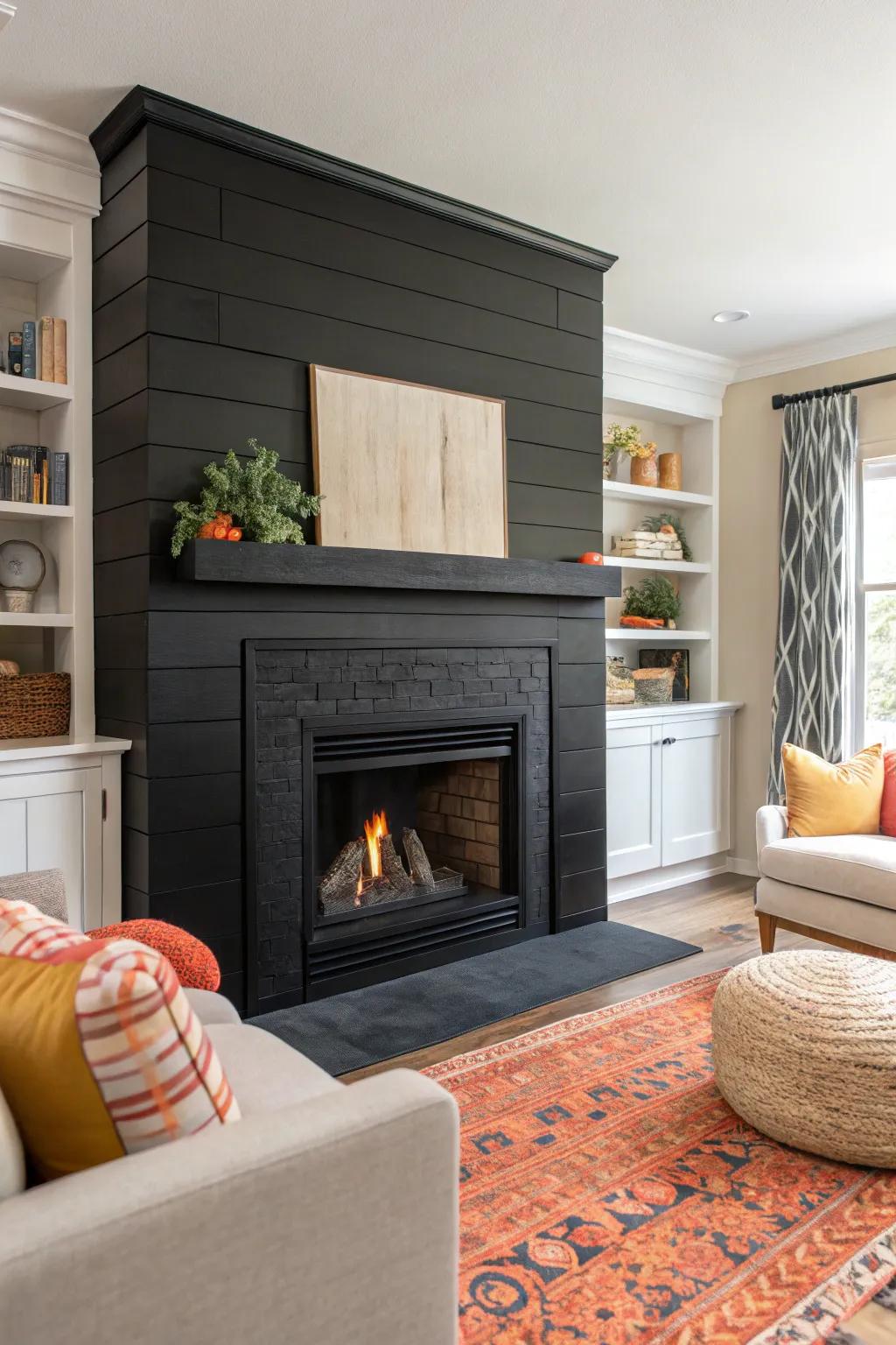 A modern living room featuring a dramatic dark painted shiplap fireplace.