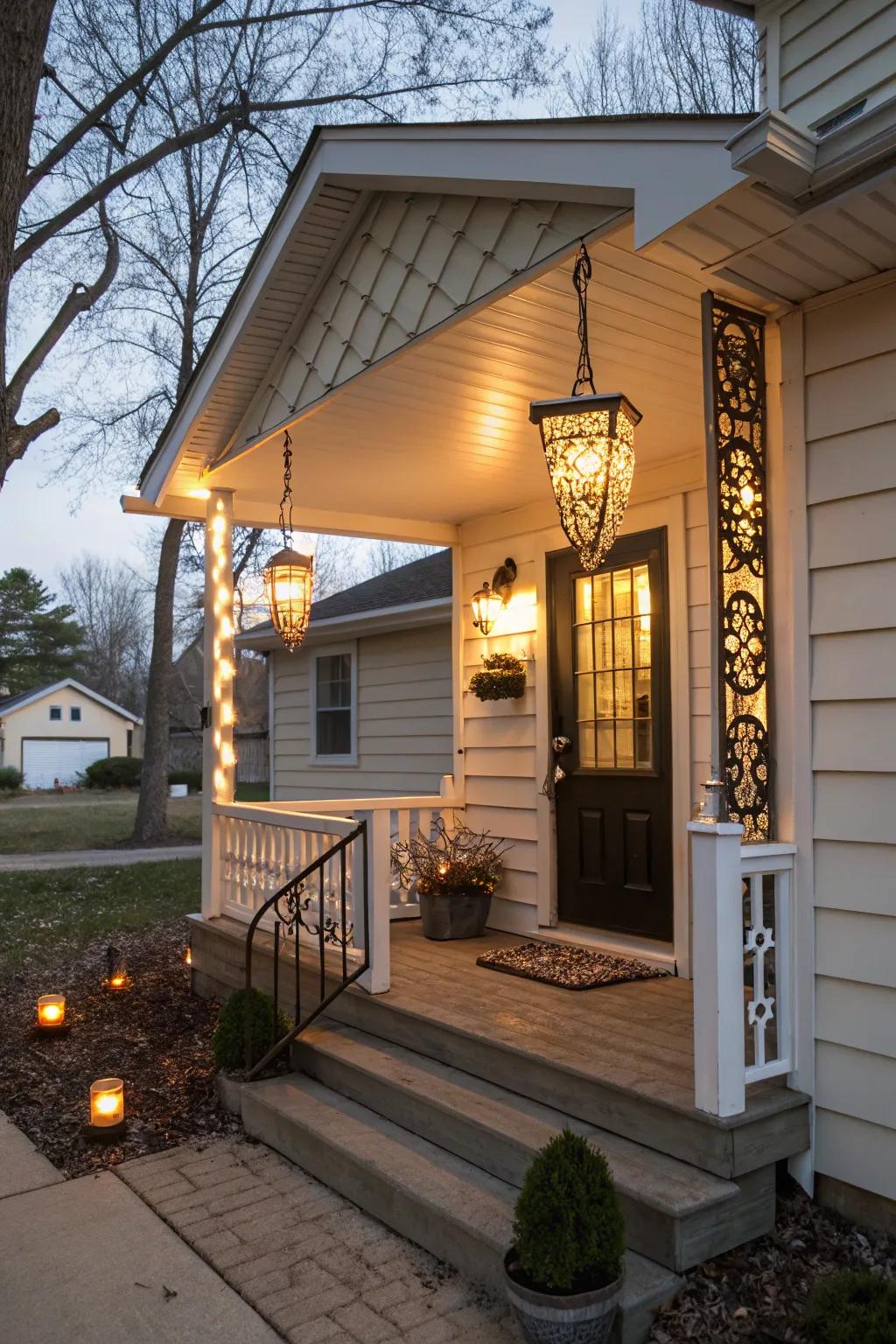 A small front porch brightened by elegant ornamental lighting fixtures.