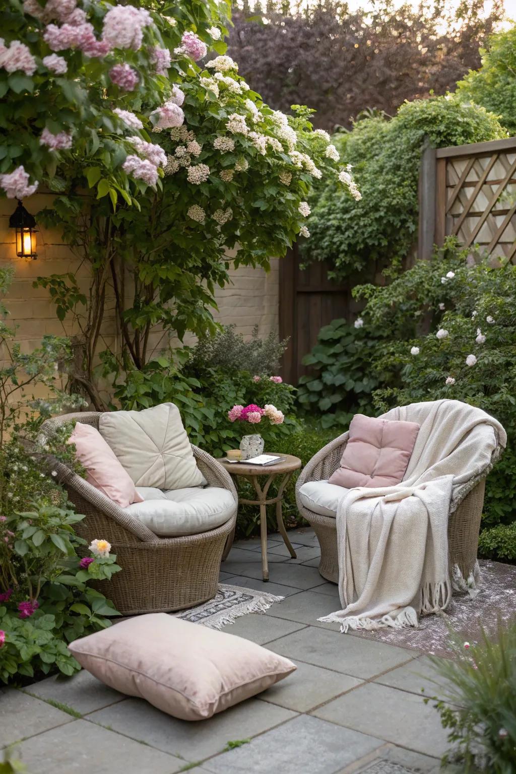 A comfy seating spot perfect for unwinding in a small garden.
