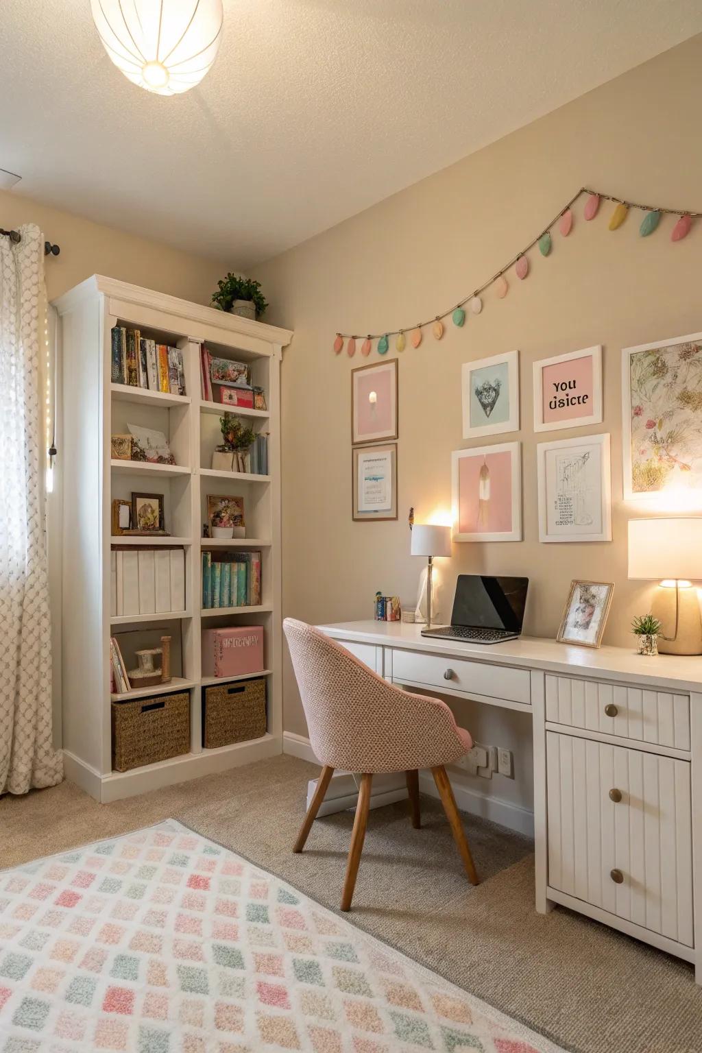A serene study featuring a balanced, neutral color scheme.