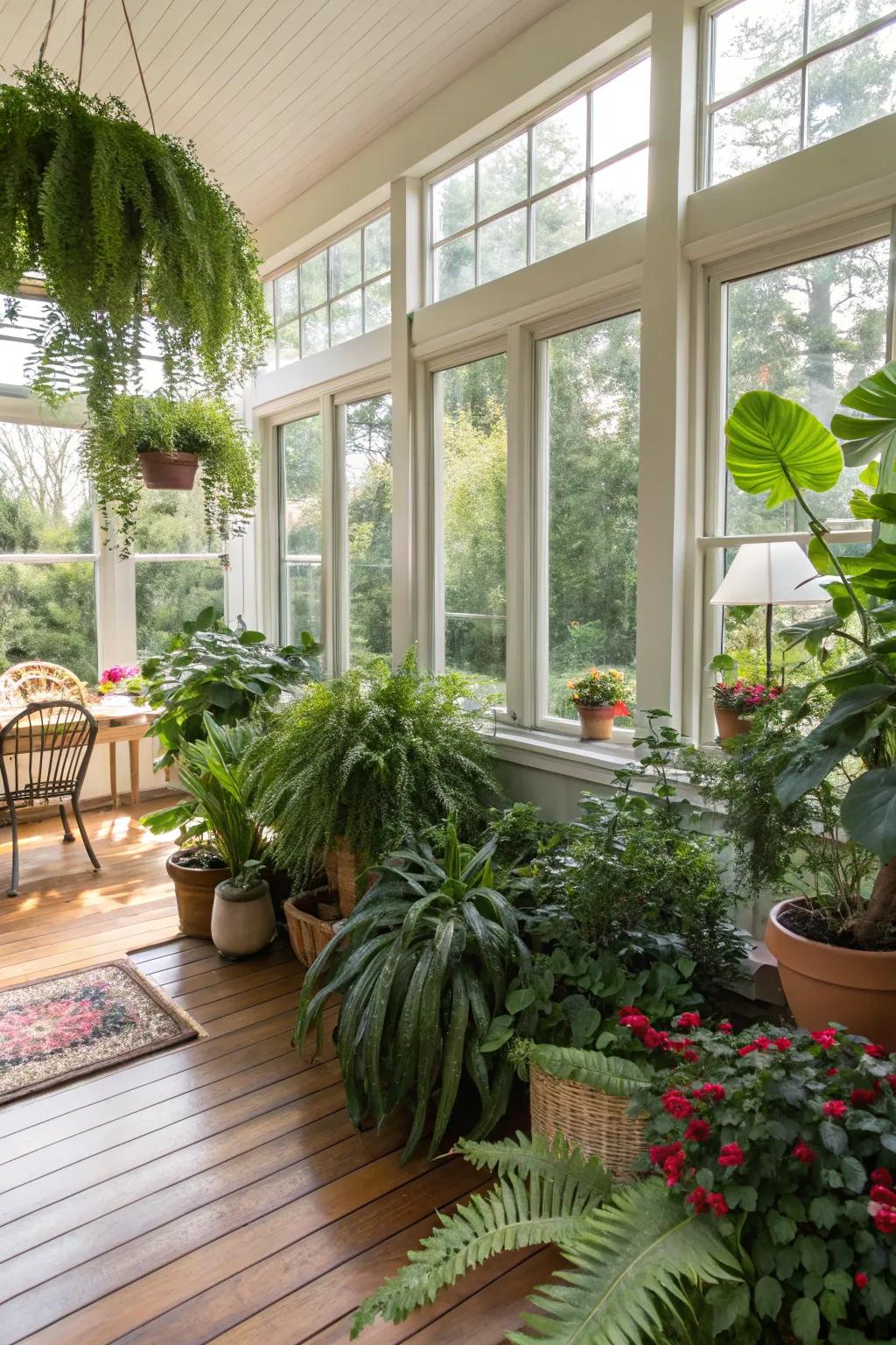 Lush greenery introduces energy and a hint of the outdoors to this modern sunroom.