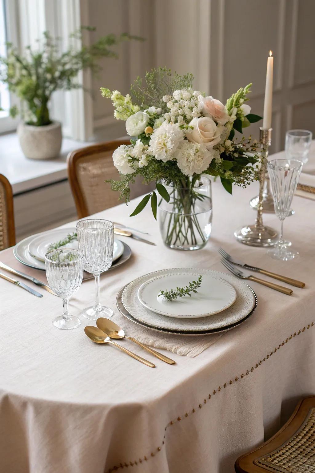 Any dining arrangement gains texture and refinement from linen table coverings.