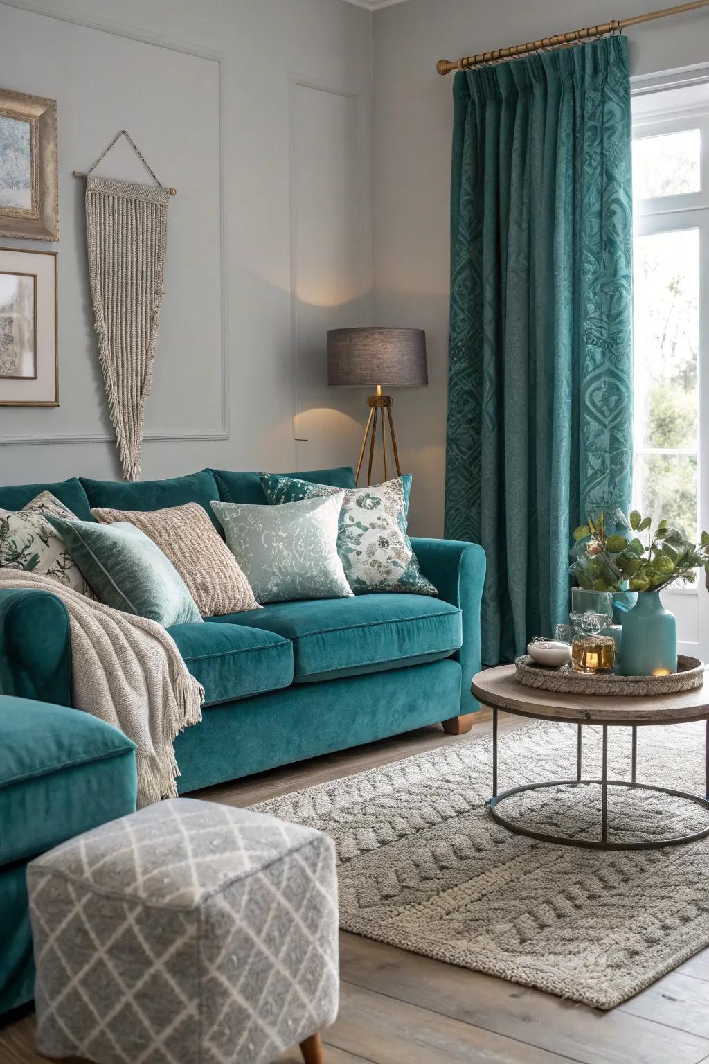 Combining various textures in teal and grey adds both warmth and nuance.