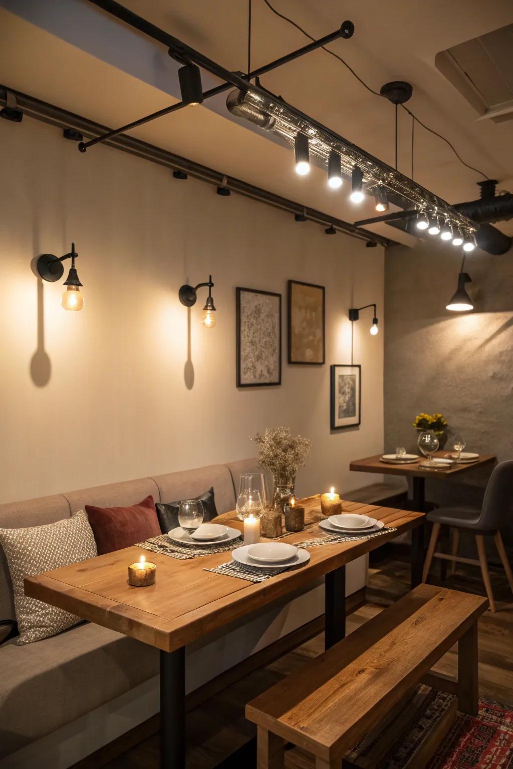 Dining area illuminated by versatile track lighting for a cozy dining experience.