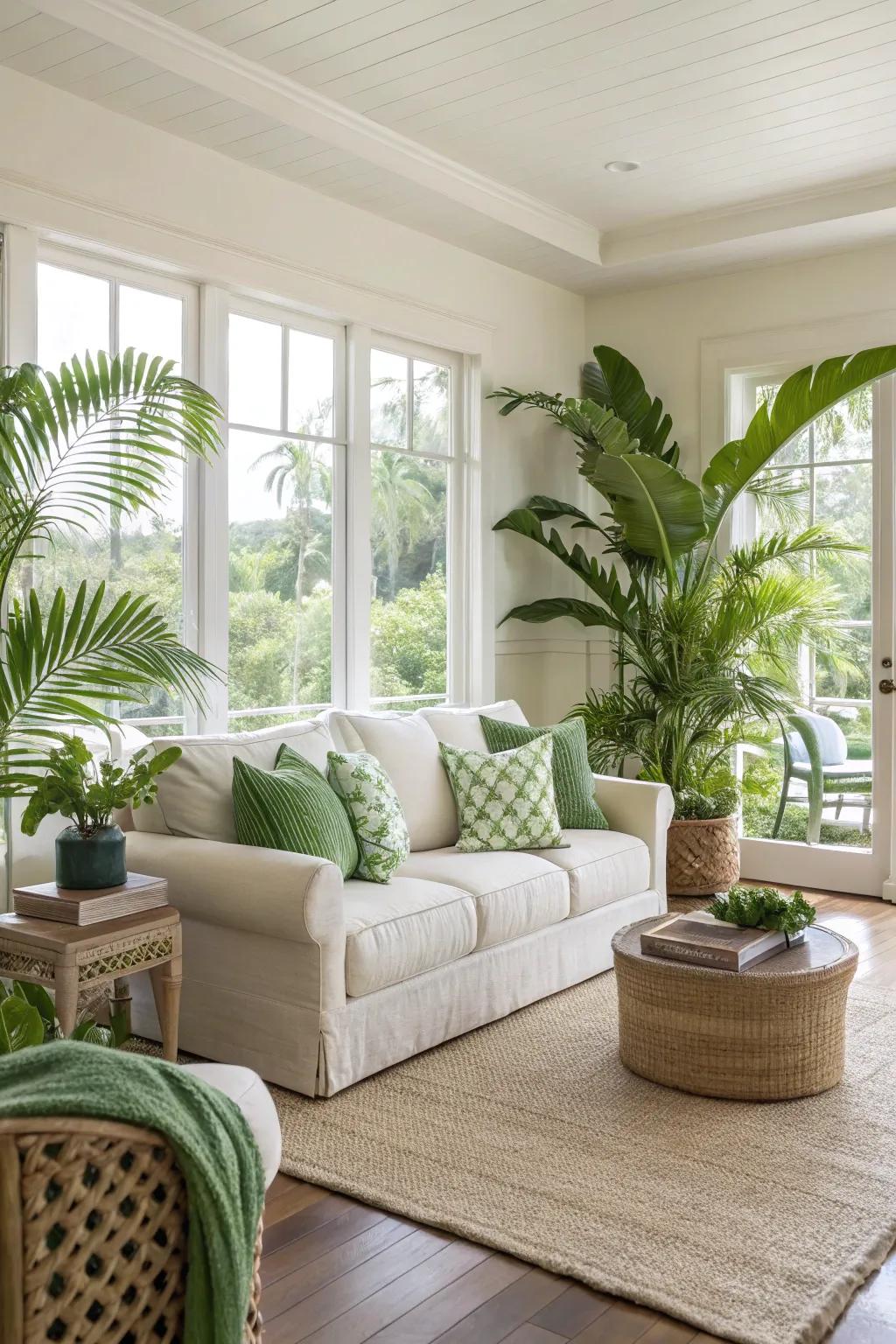 Natural shades conjure a peaceful and welcoming tropical living quarter.