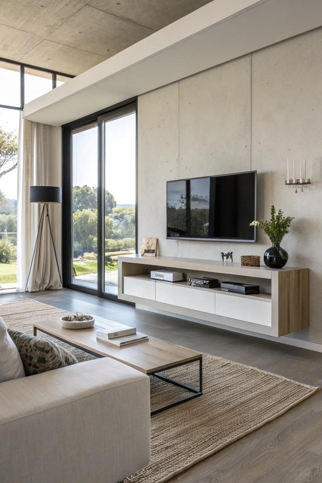 A floating TV stand giving an open feel to the area.