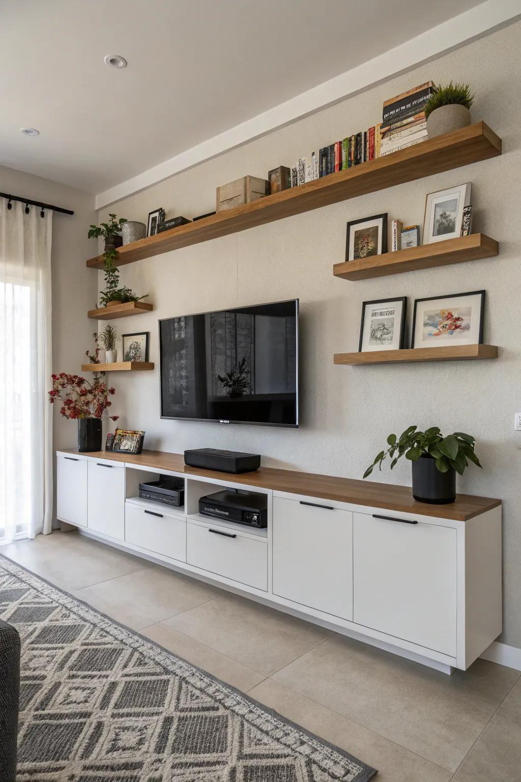 Elevated planks provide style and storage without clutter.