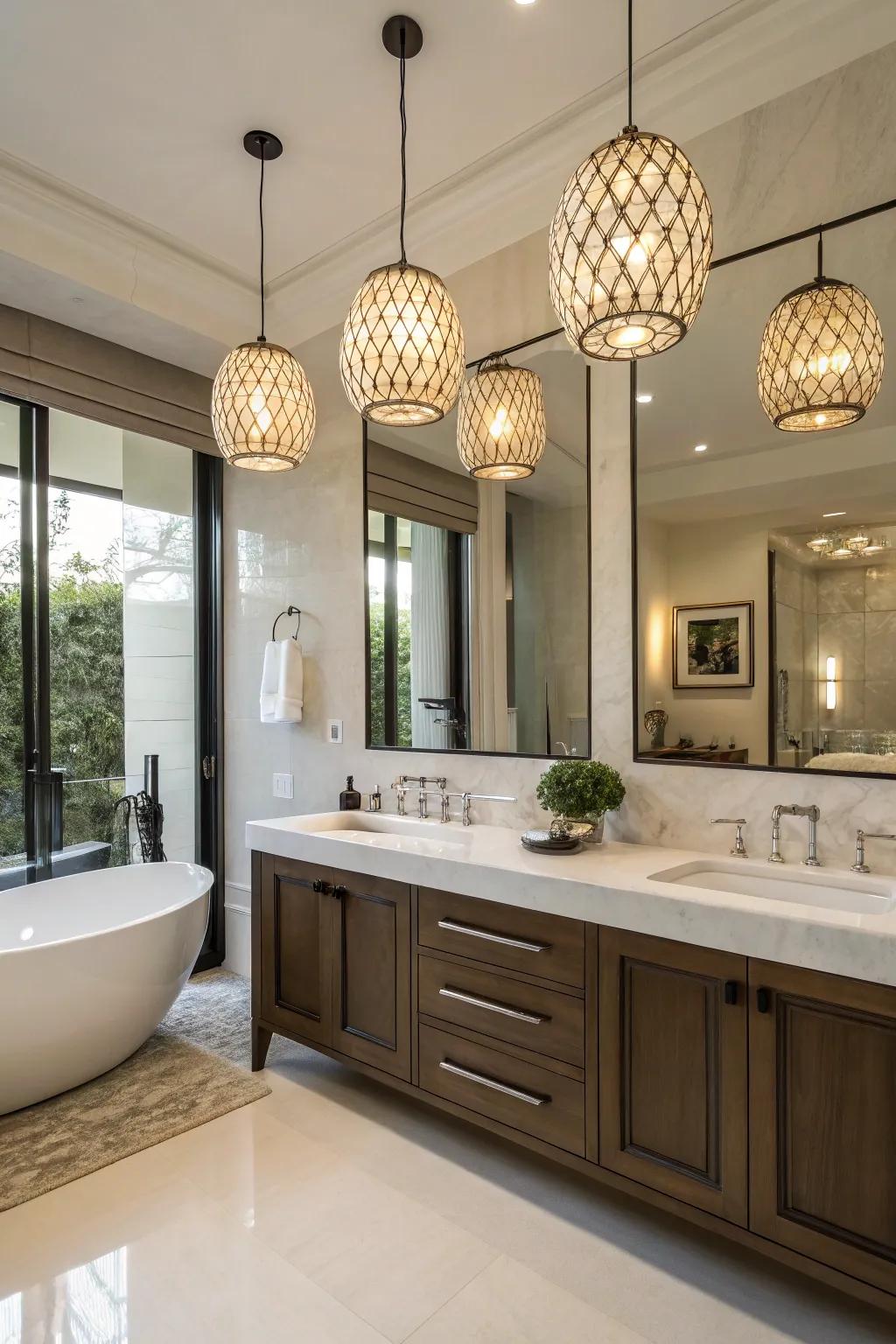 Elegant pendant lights adding sophistication to the bathroom.