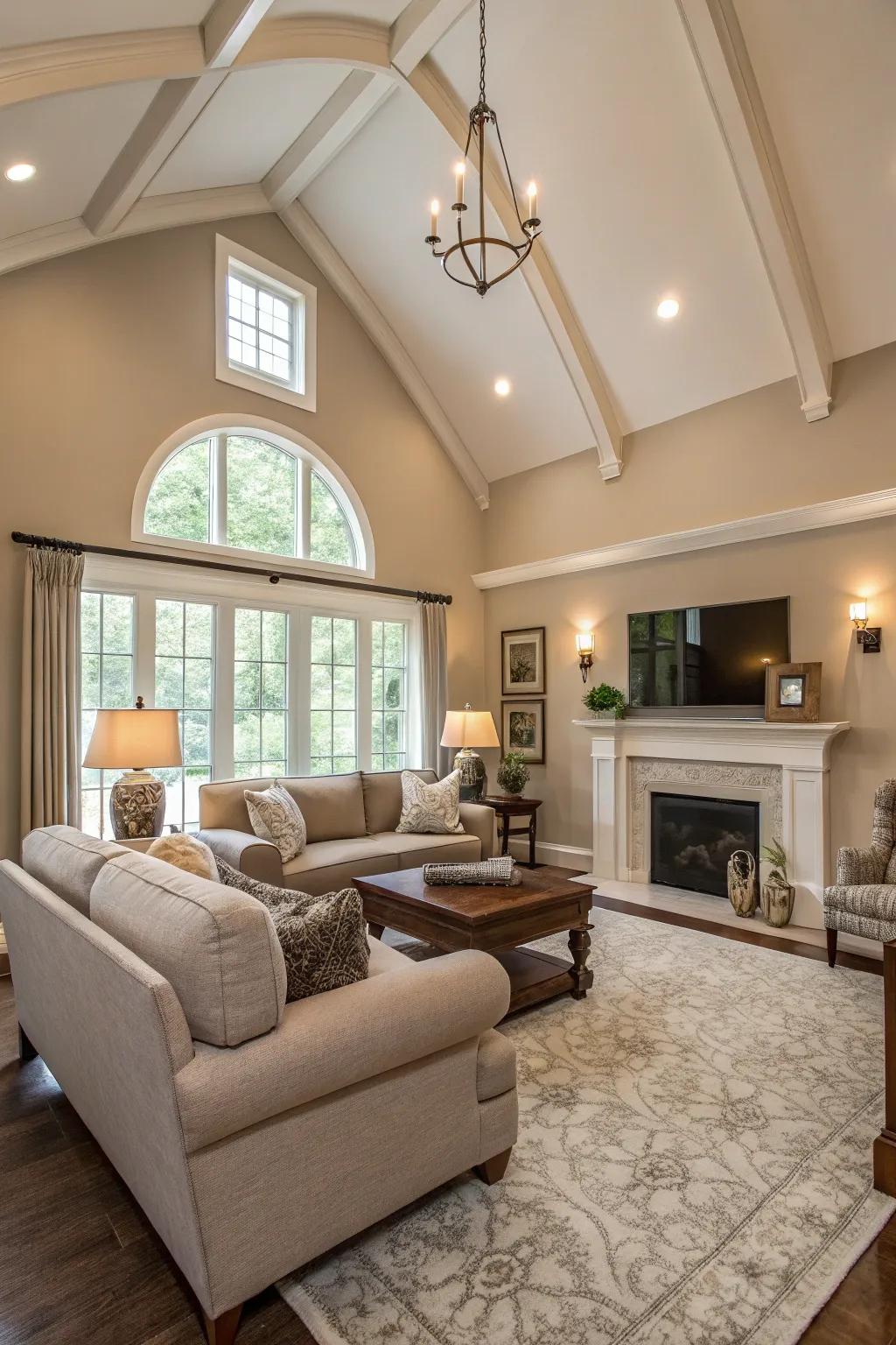 Neutral colors elevate the peaceful, open feeling of this living room with a high ceiling.