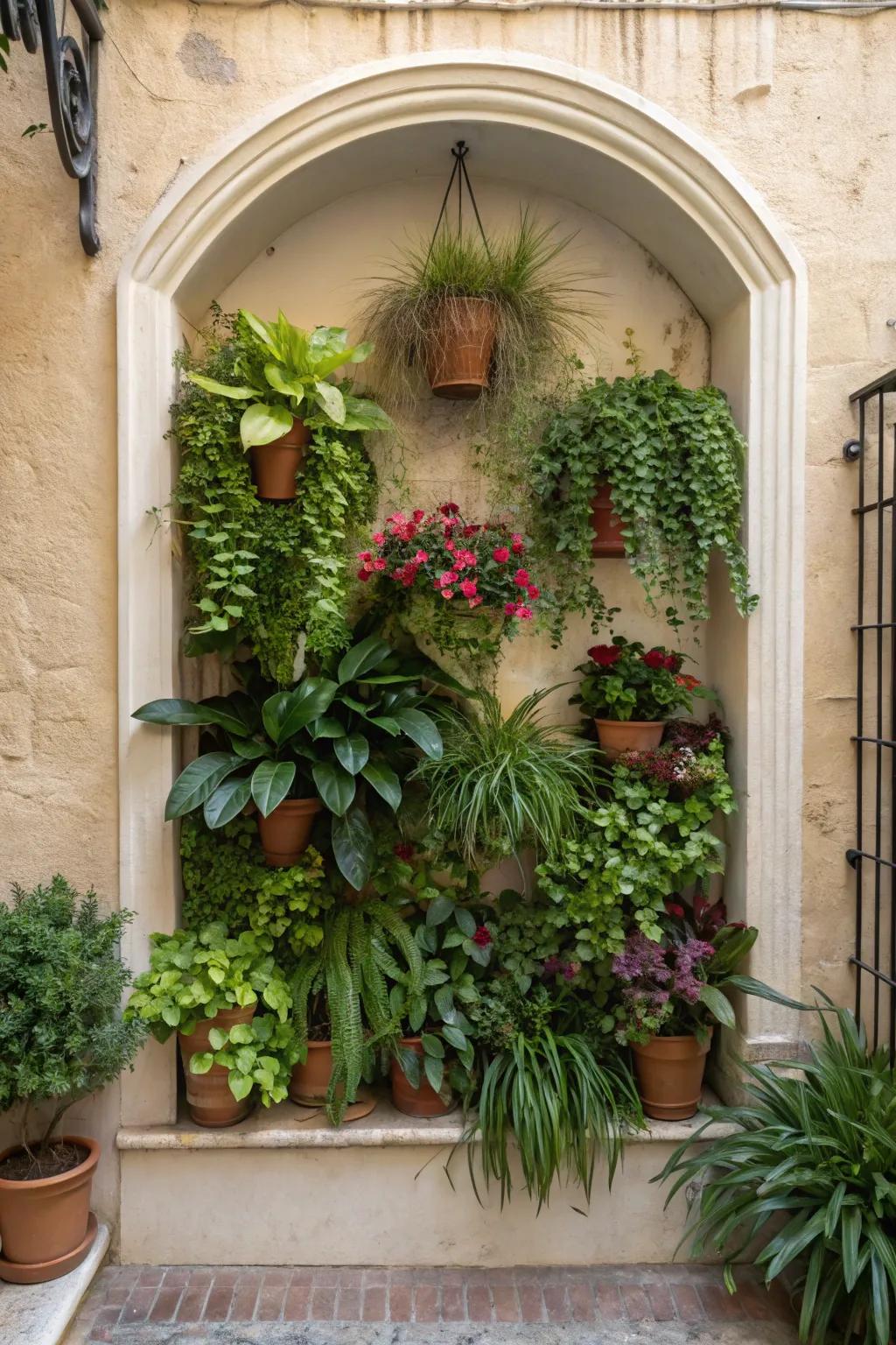 A wall niche brightened with a flourishing plant composition, bringing in a natural element.