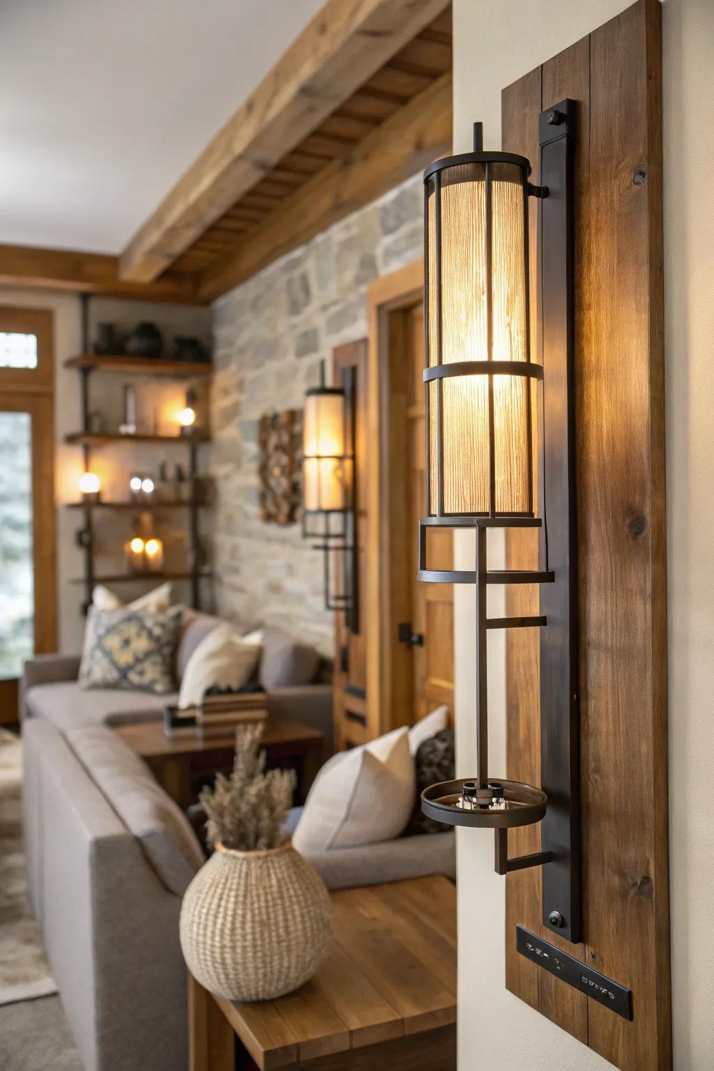 Timber and metal sconces fashion a cozy, yet modern countryside atmosphere.