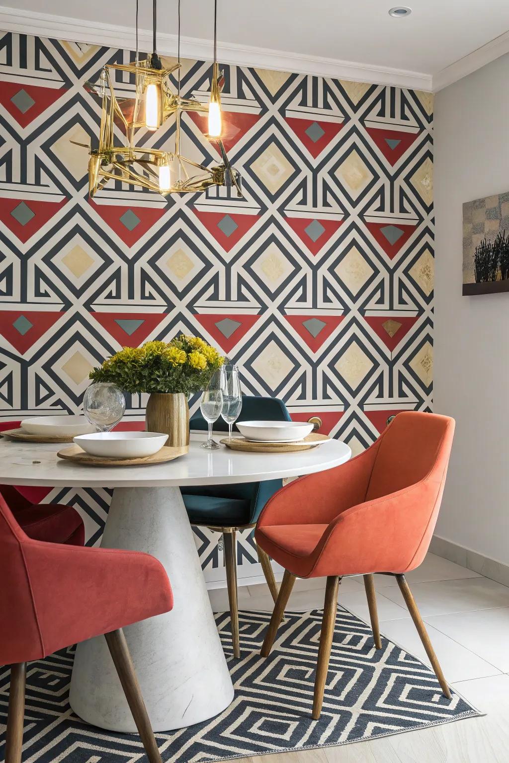 Strong geometric wall covering enhances a modern dining area.